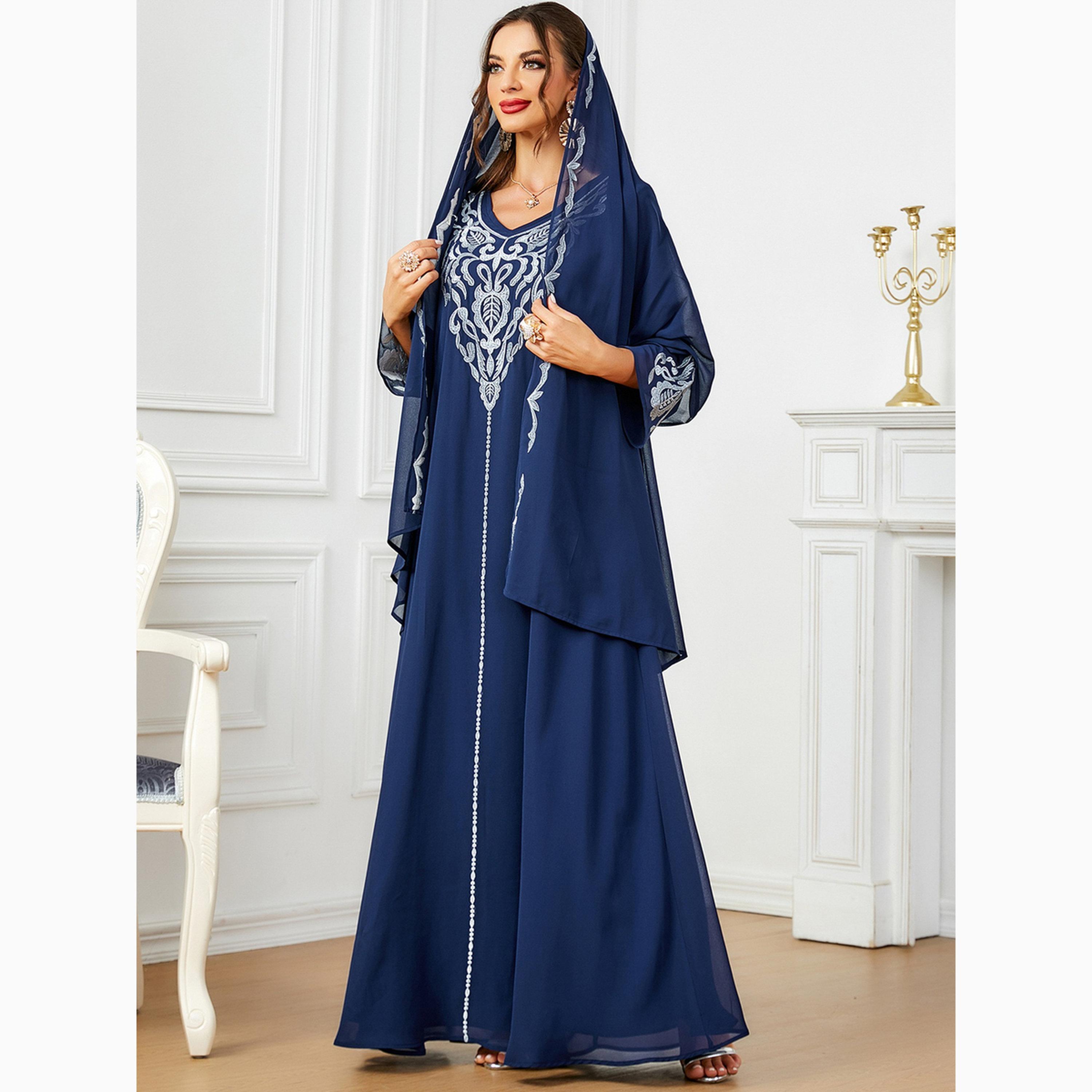 Take Two Blue Embroidered V Neck Jalabiya-women-arabicclothing-jalabiyas-image-2