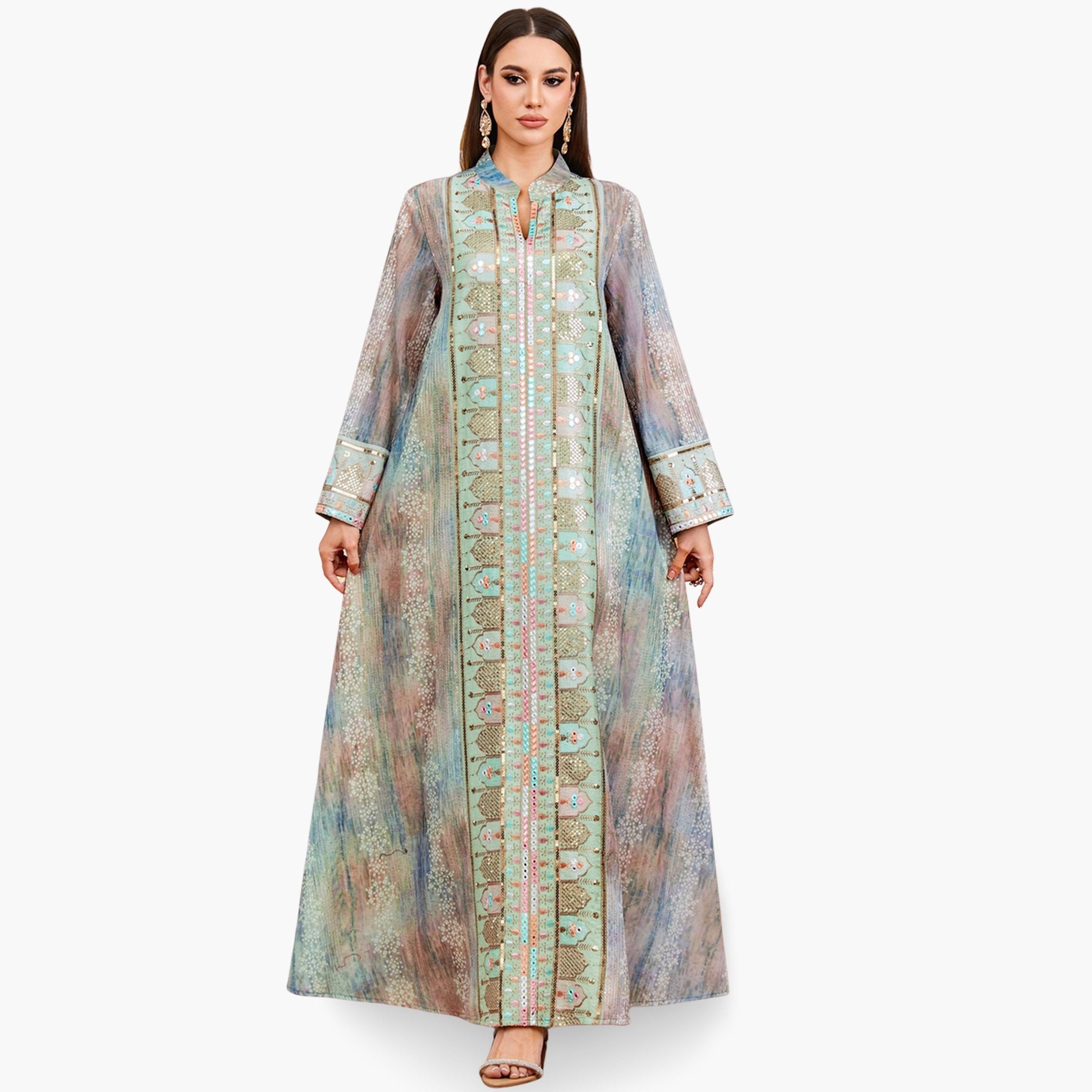 جلابية نسائية بفتحة رقبة مع لوحة مطرزة بالترتر-women-arabicclothing-jalabiyas-image-1