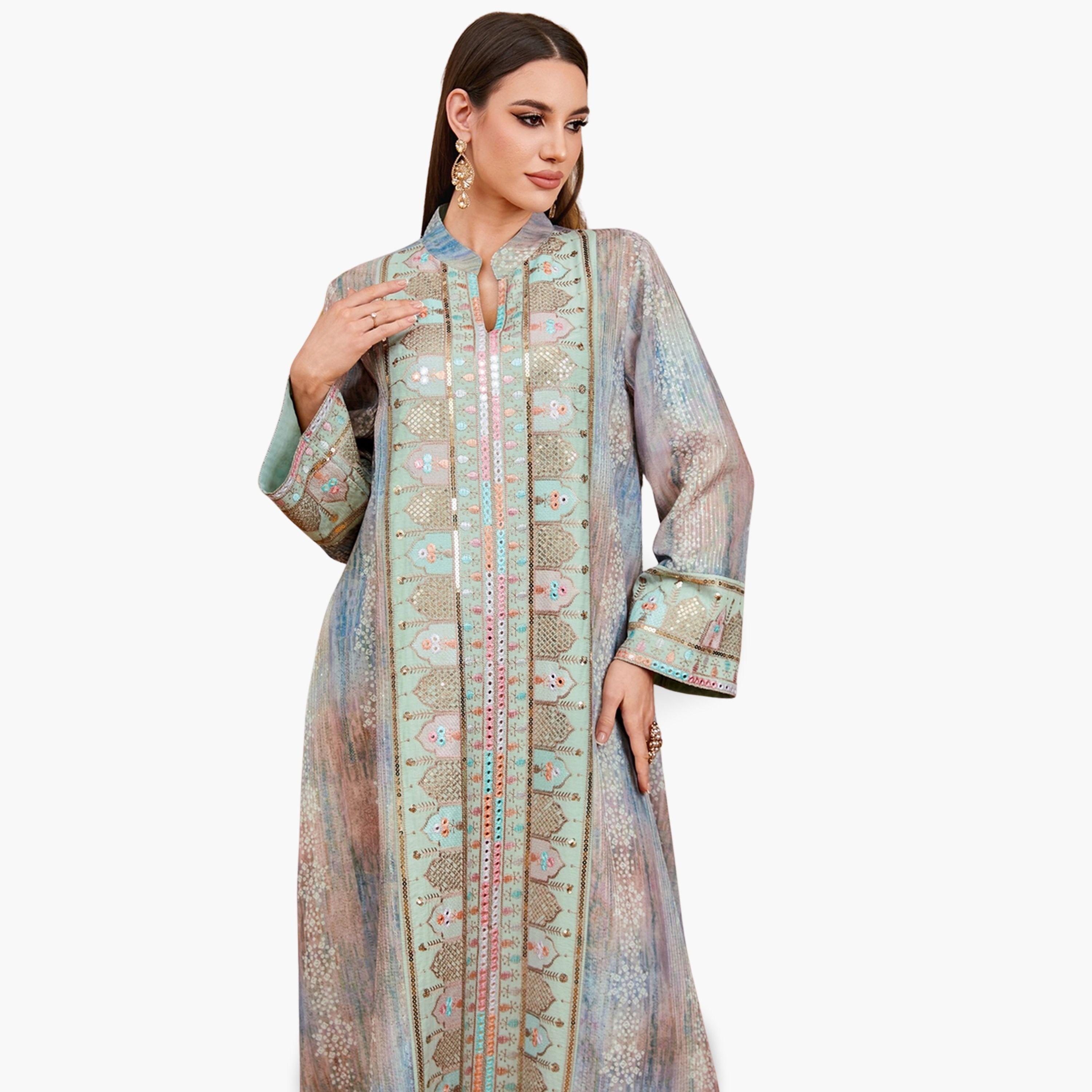 جلابية نسائية بفتحة رقبة مع لوحة مطرزة بالترتر-women-arabicclothing-jalabiyas-image-2