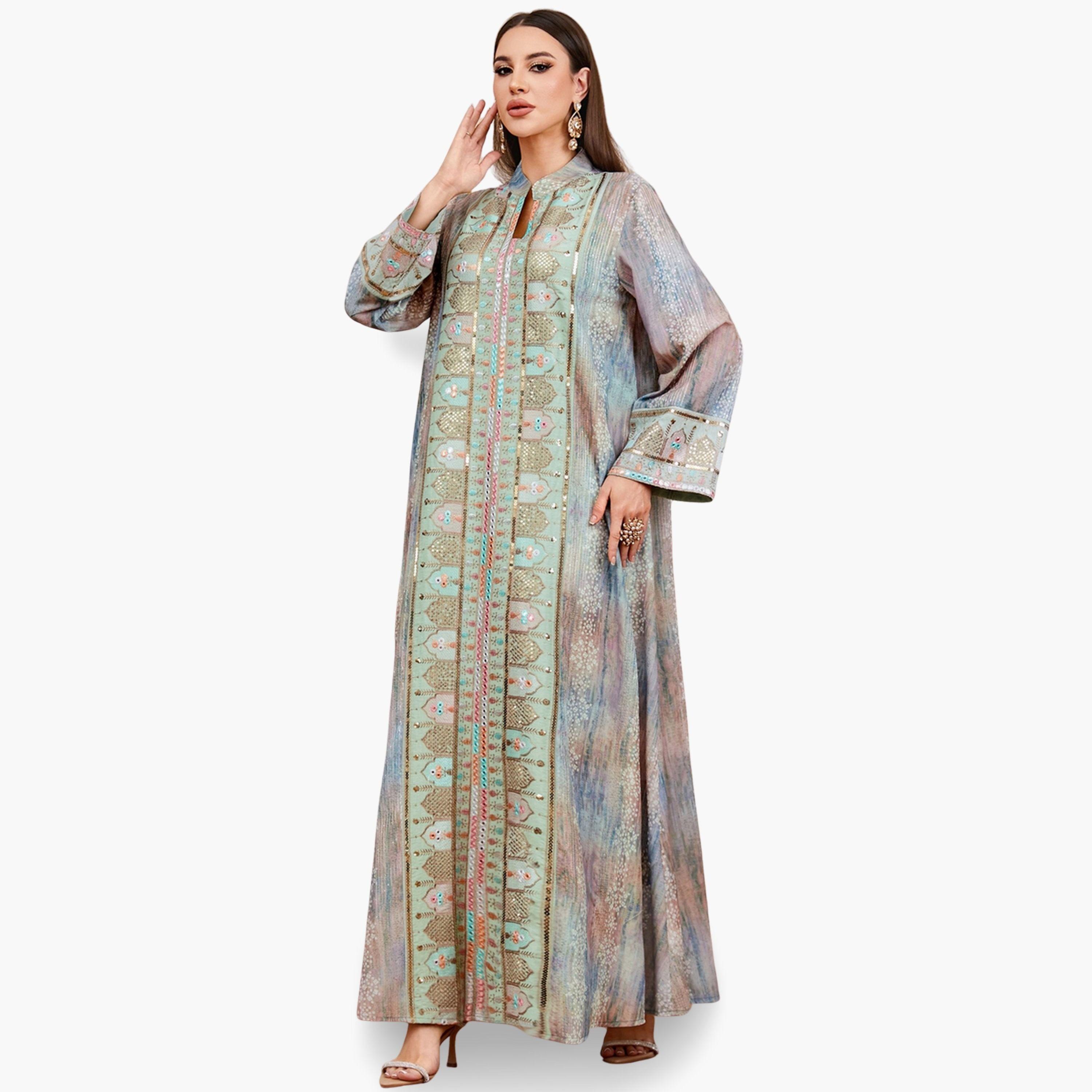 Take Two Women Sequin Embroidered Panel Notch Neck Jalabiya-women-arabicclothing-jalabiyas-image-4
