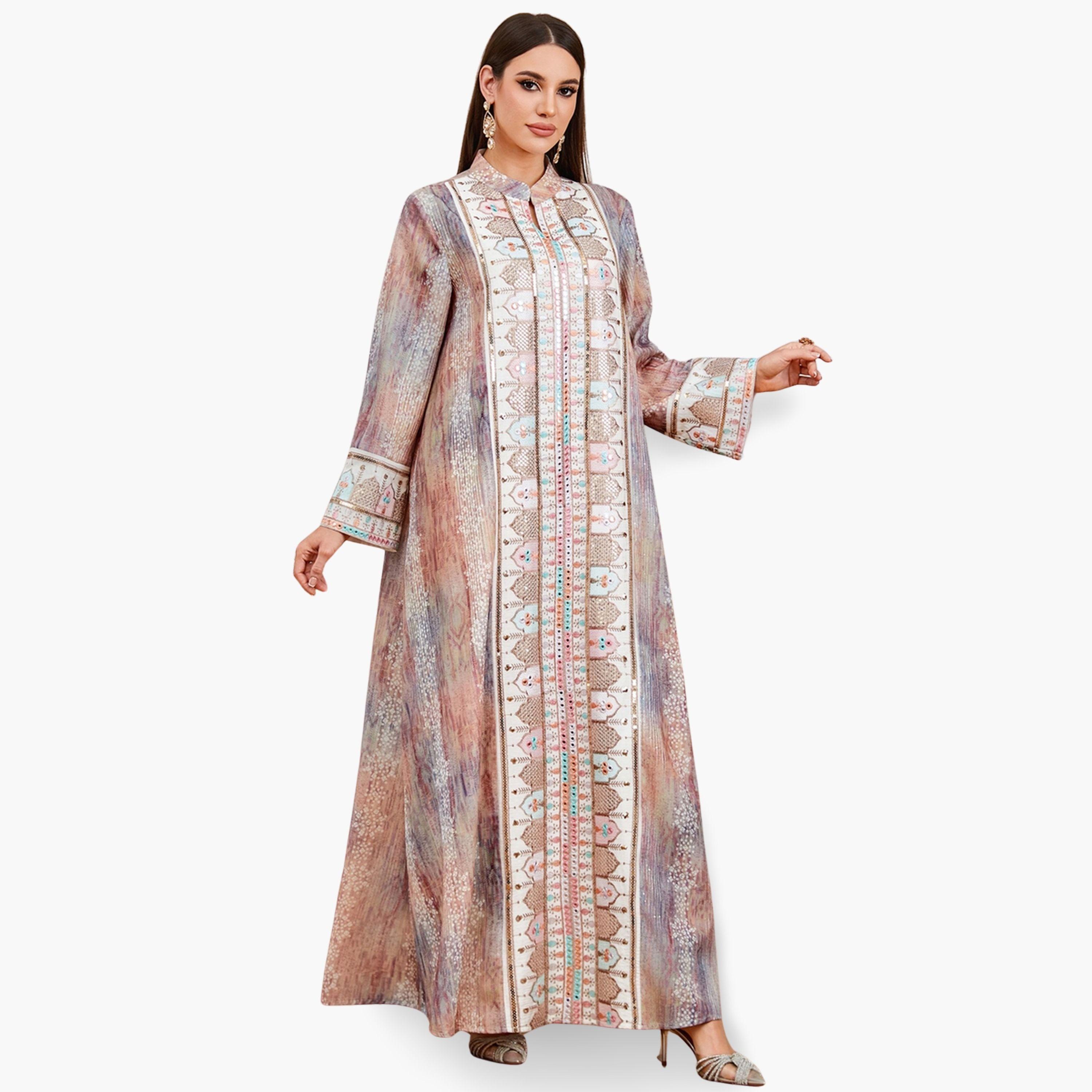 Take Two Women Sequin Embroidered Panel Notch Neck Jalabiya-women-arabicclothing-jalabiyas-image-1