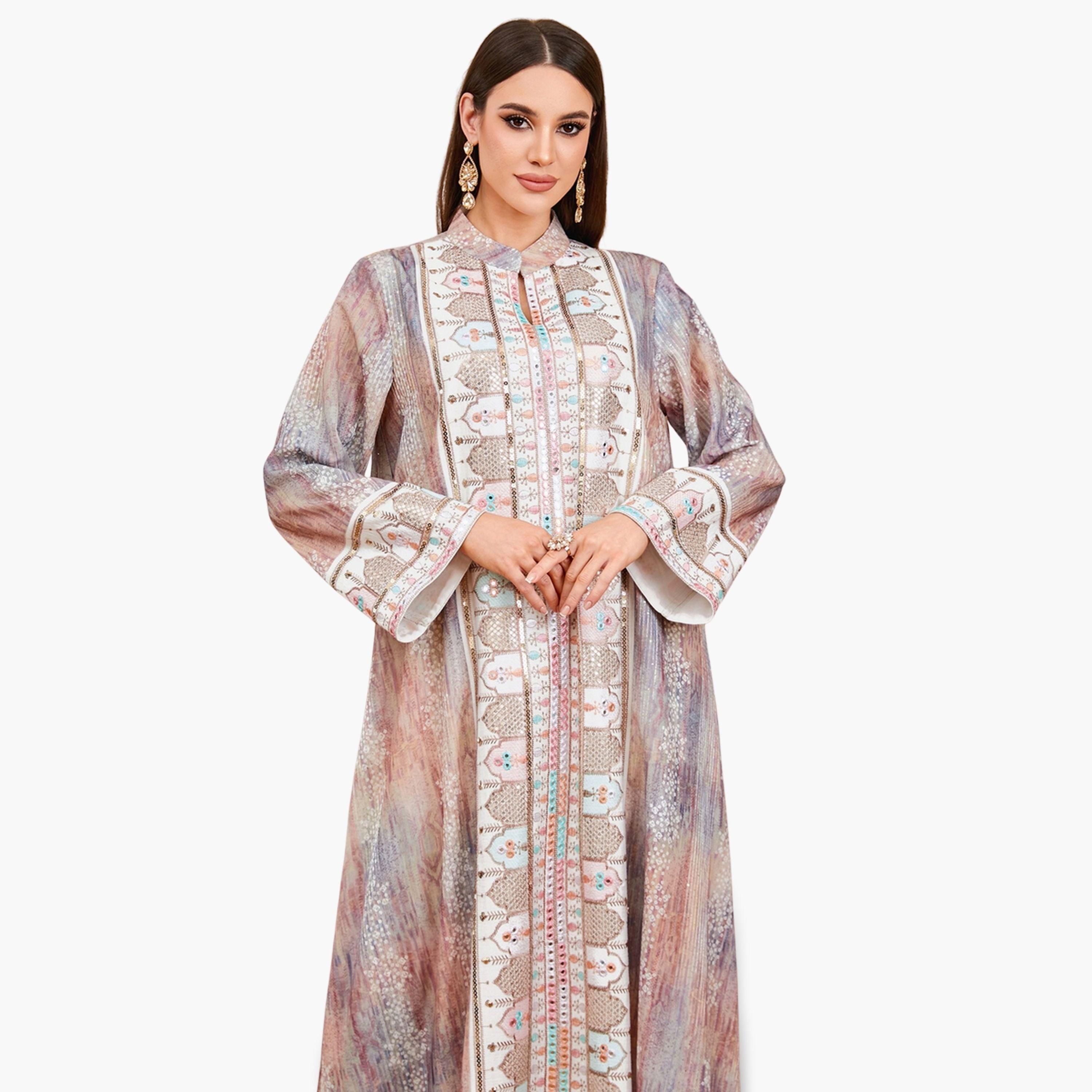 جلابية نسائية بفتحة رقبة مع لوحة مطرزة بالترتر-women-arabicclothing-jalabiyas-image-2