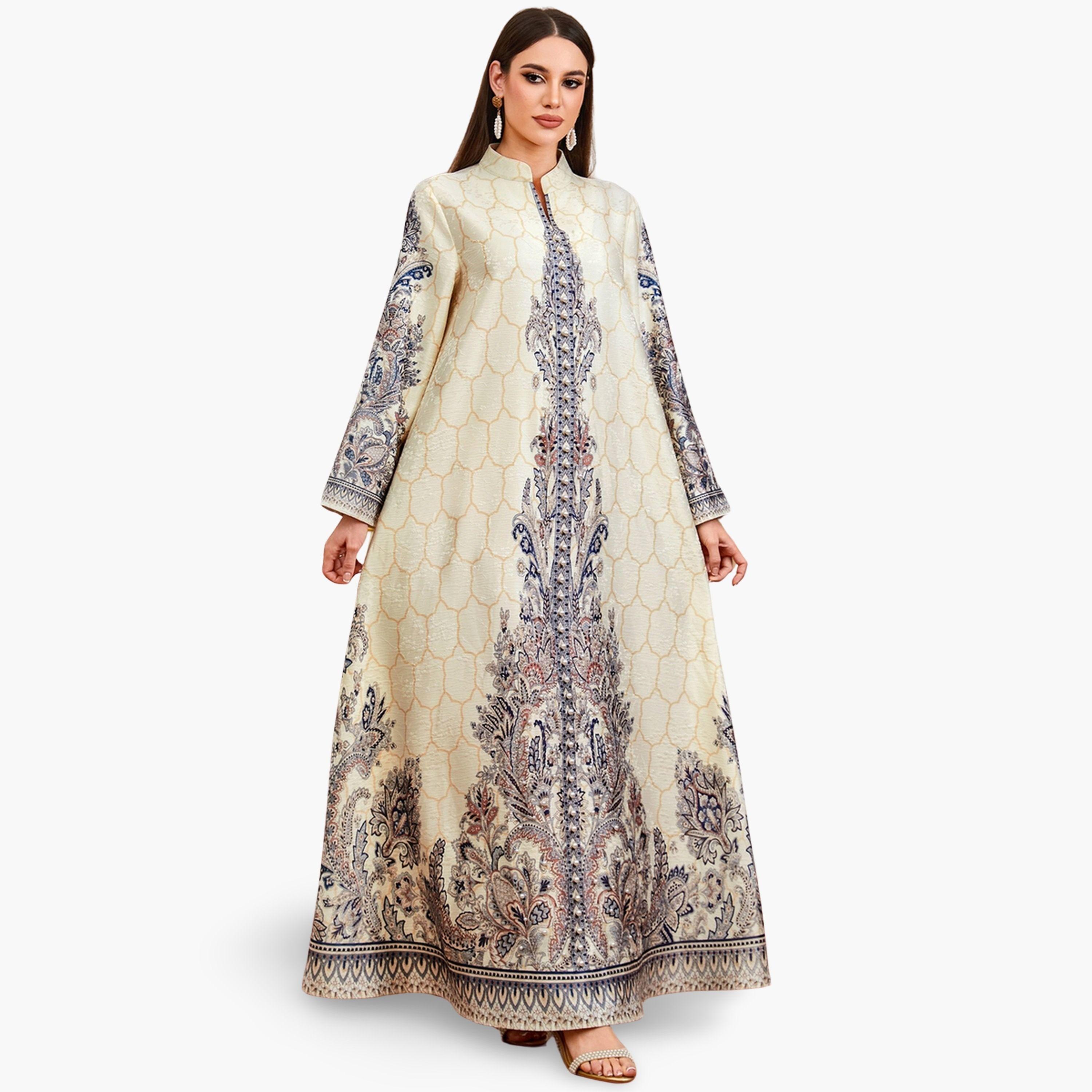 جلابية نسائية بطبعة زهور مزينة بلؤلؤ صناعي-women-arabicclothing-jalabiyas-image-1