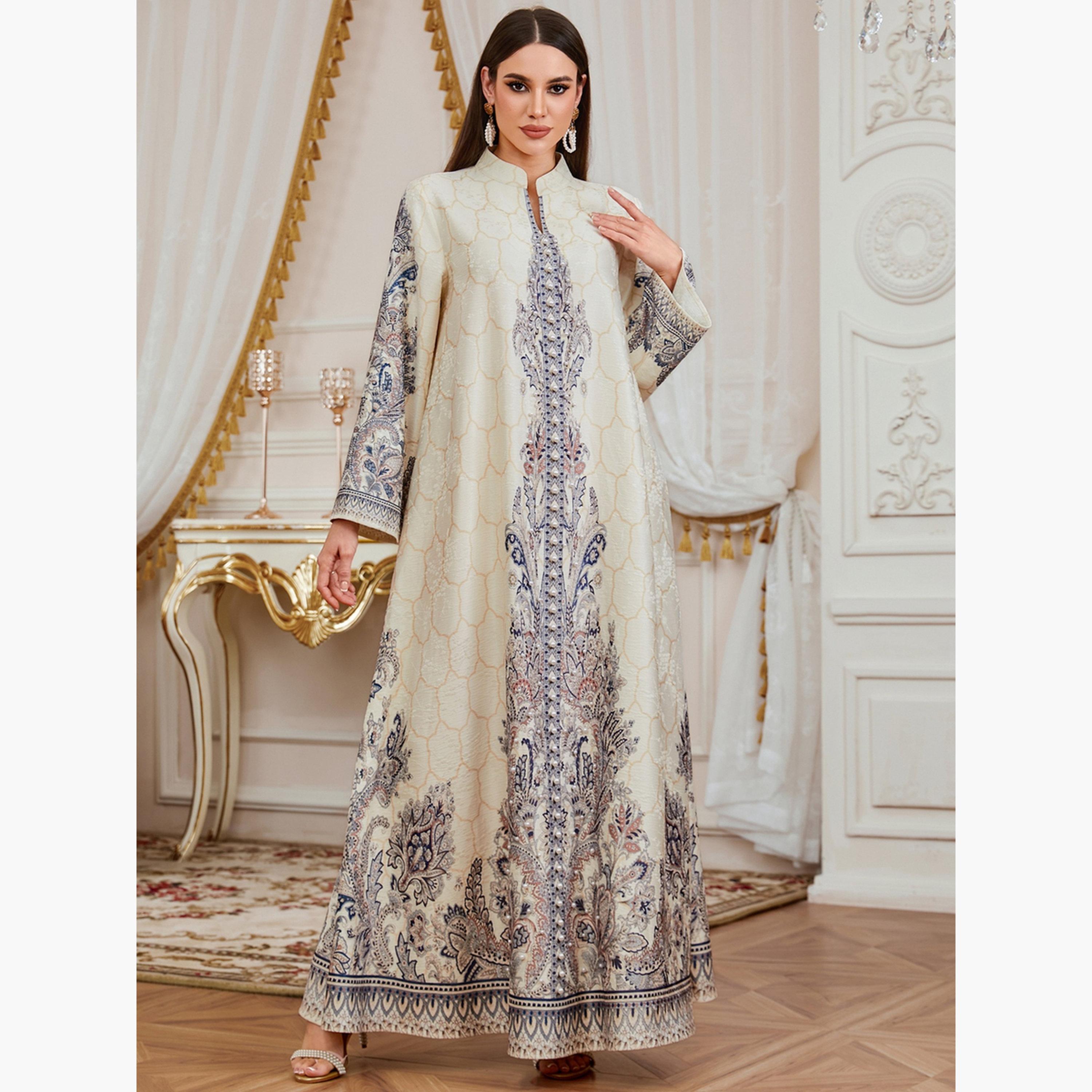 جلابية نسائية بطبعة زهور مزينة بلؤلؤ صناعي-women-arabicclothing-jalabiyas-image-3