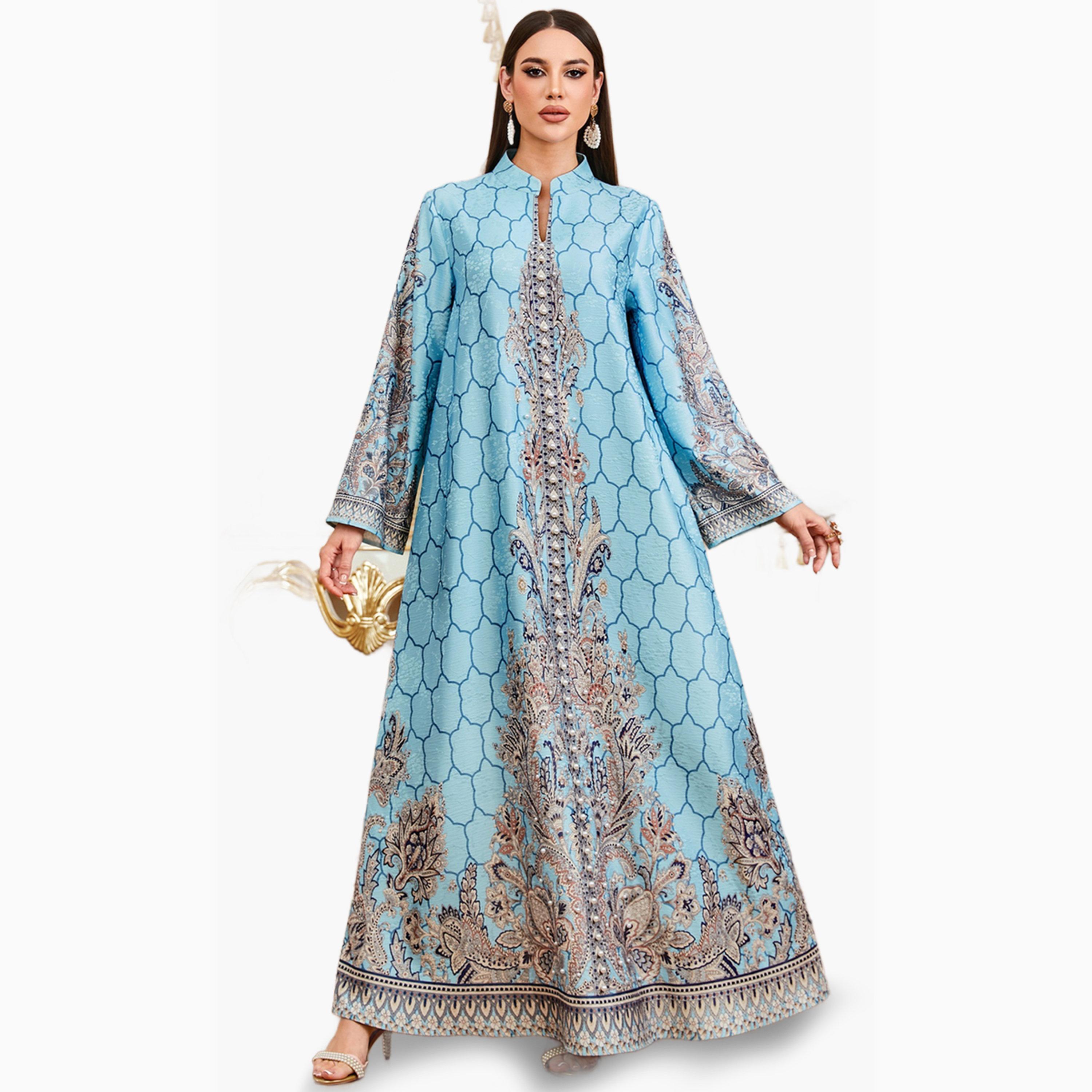Take Two Blue Floral Print Faux Pearl Embellished Jalabiya-women-arabicclothing-jalabiyas-image-1