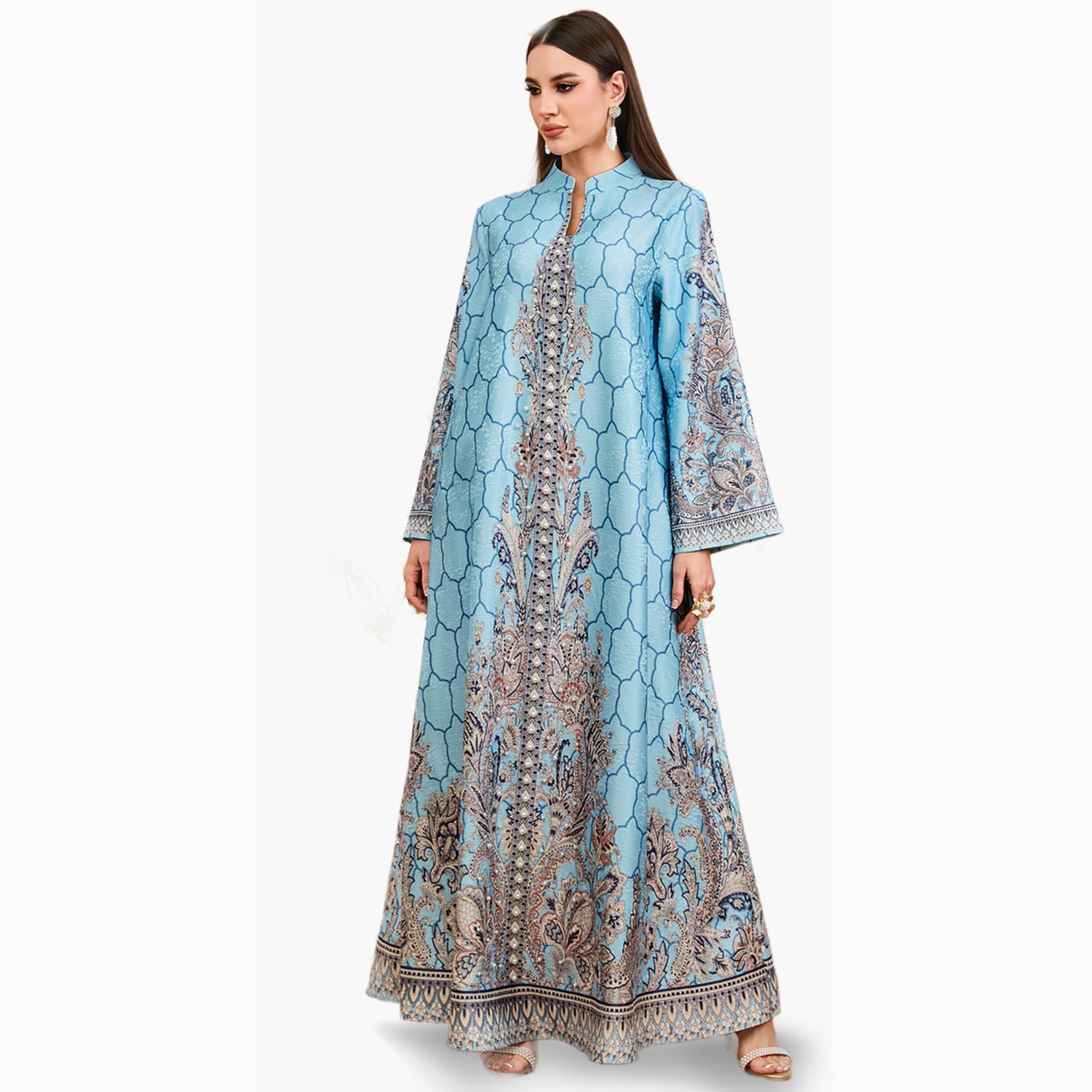 Take Two Blue Floral Print Faux Pearl Embellished Jalabiya-women-arabicclothing-jalabiyas-image-2