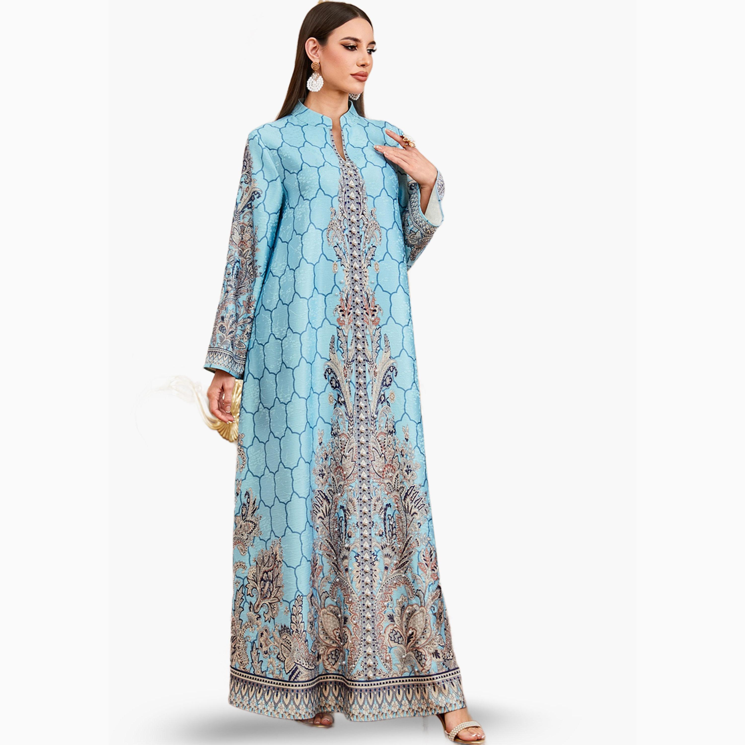 جلابية زرقاء بطبعة أزهار ومزينة بلؤلؤ صناعي-women-arabicclothing-jalabiyas-image-4
