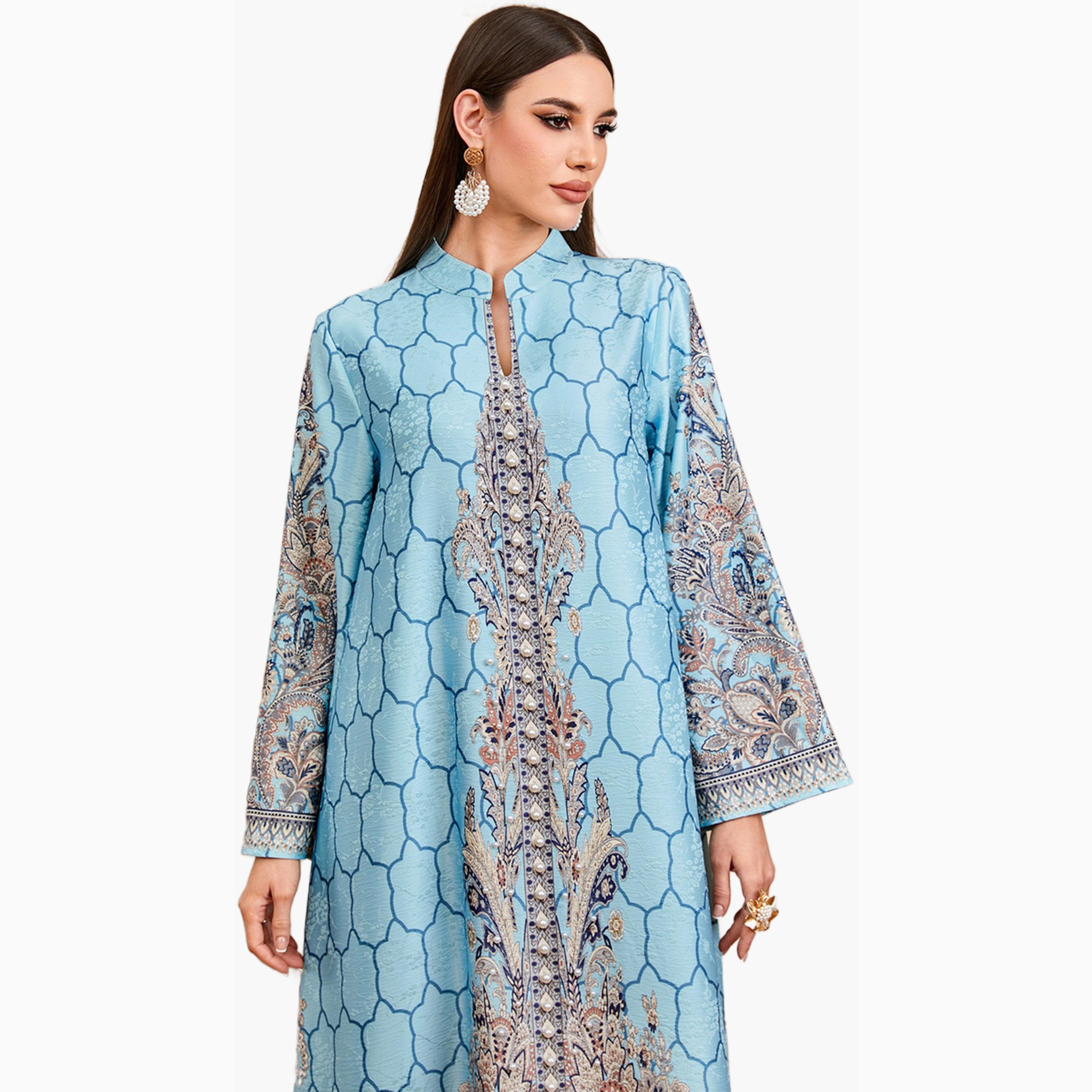 جلابية زرقاء بطبعة أزهار ومزينة بلؤلؤ صناعي-women-arabicclothing-jalabiyas-image-5