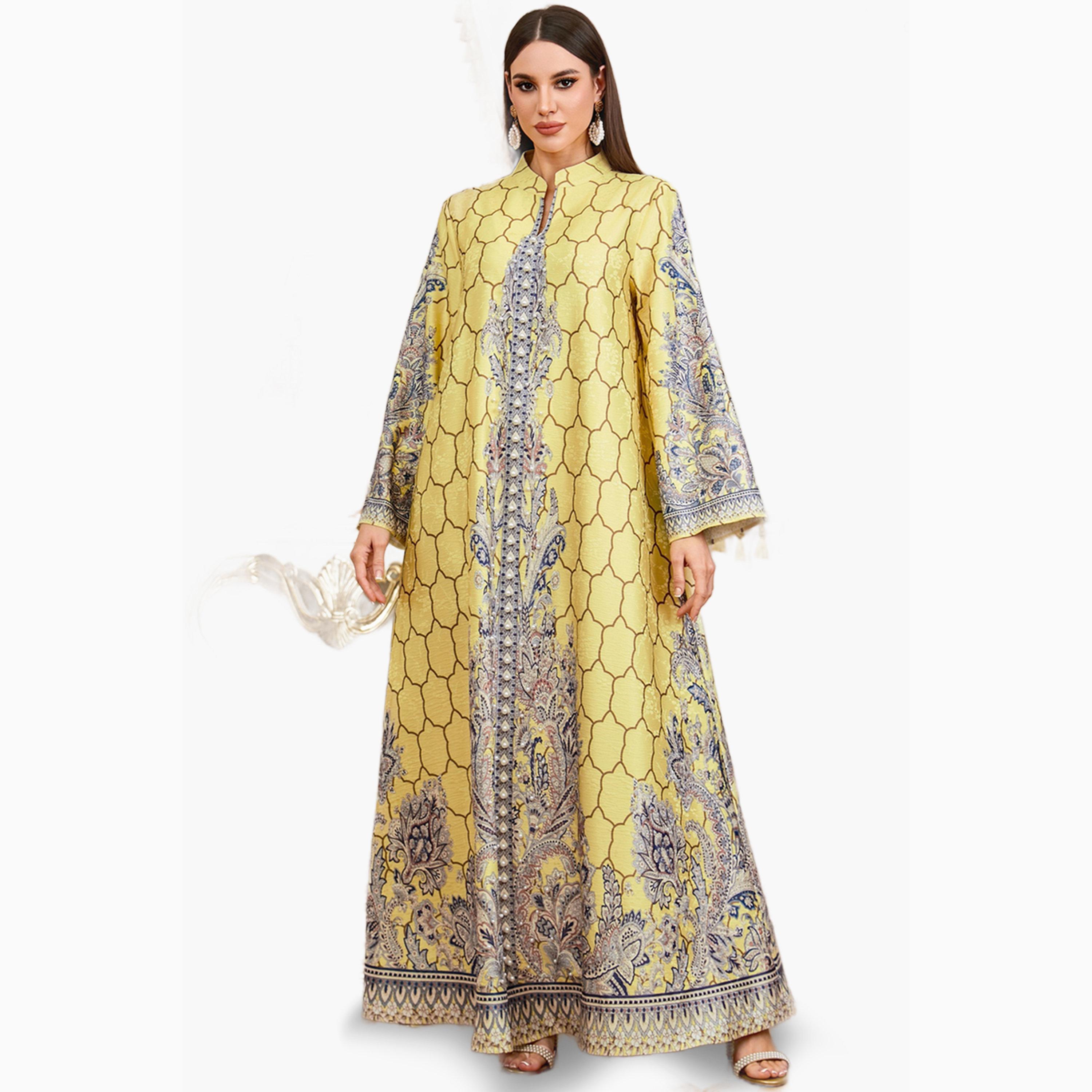 Take Two Yellow Floral Print Faux Pearl Embellished Jalabiya-women-arabicclothing-jalabiyas-image-1