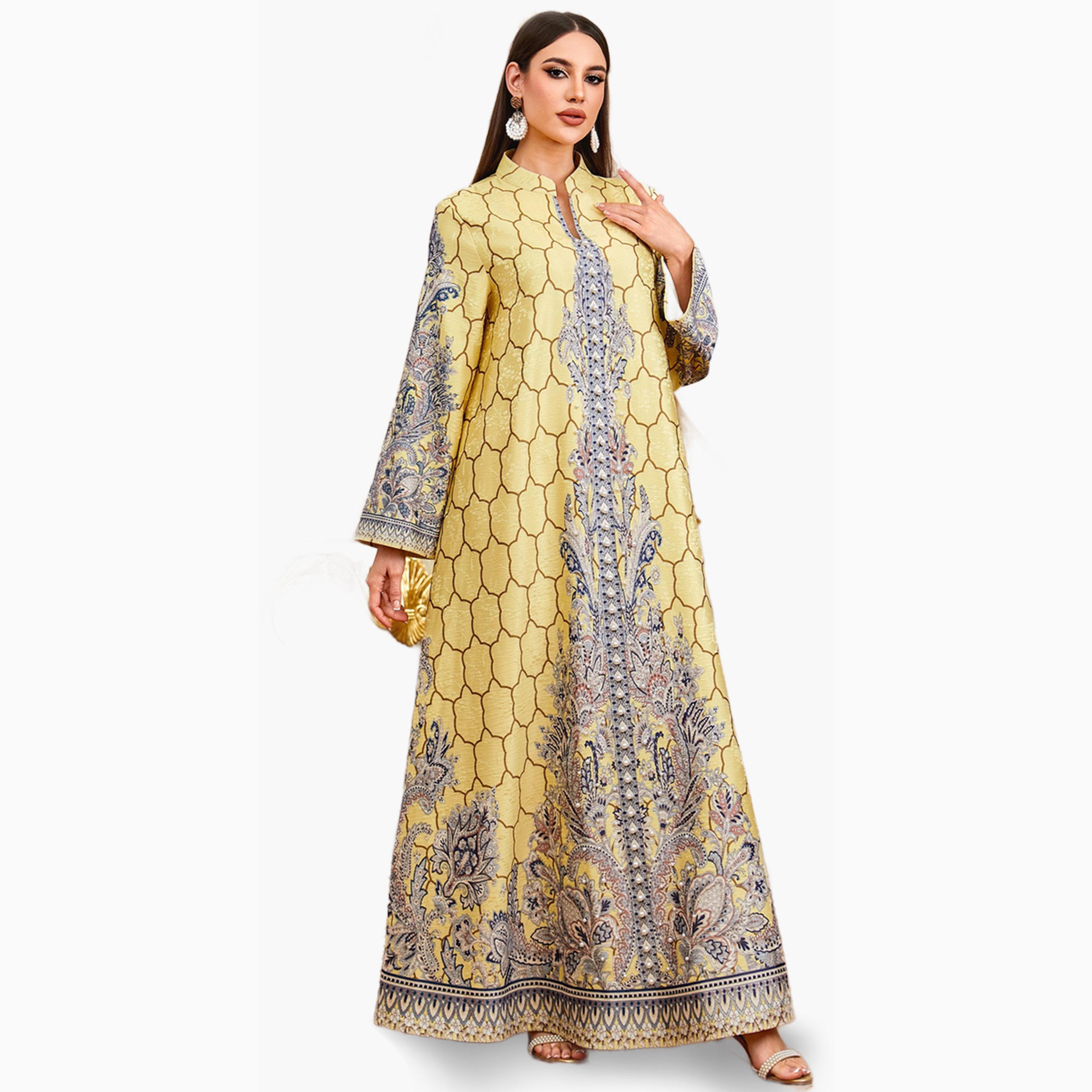 جلابية صفراء بطبعة أزهار ومزينة بلؤلؤ صناعي-women-arabicclothing-jalabiyas-image-2