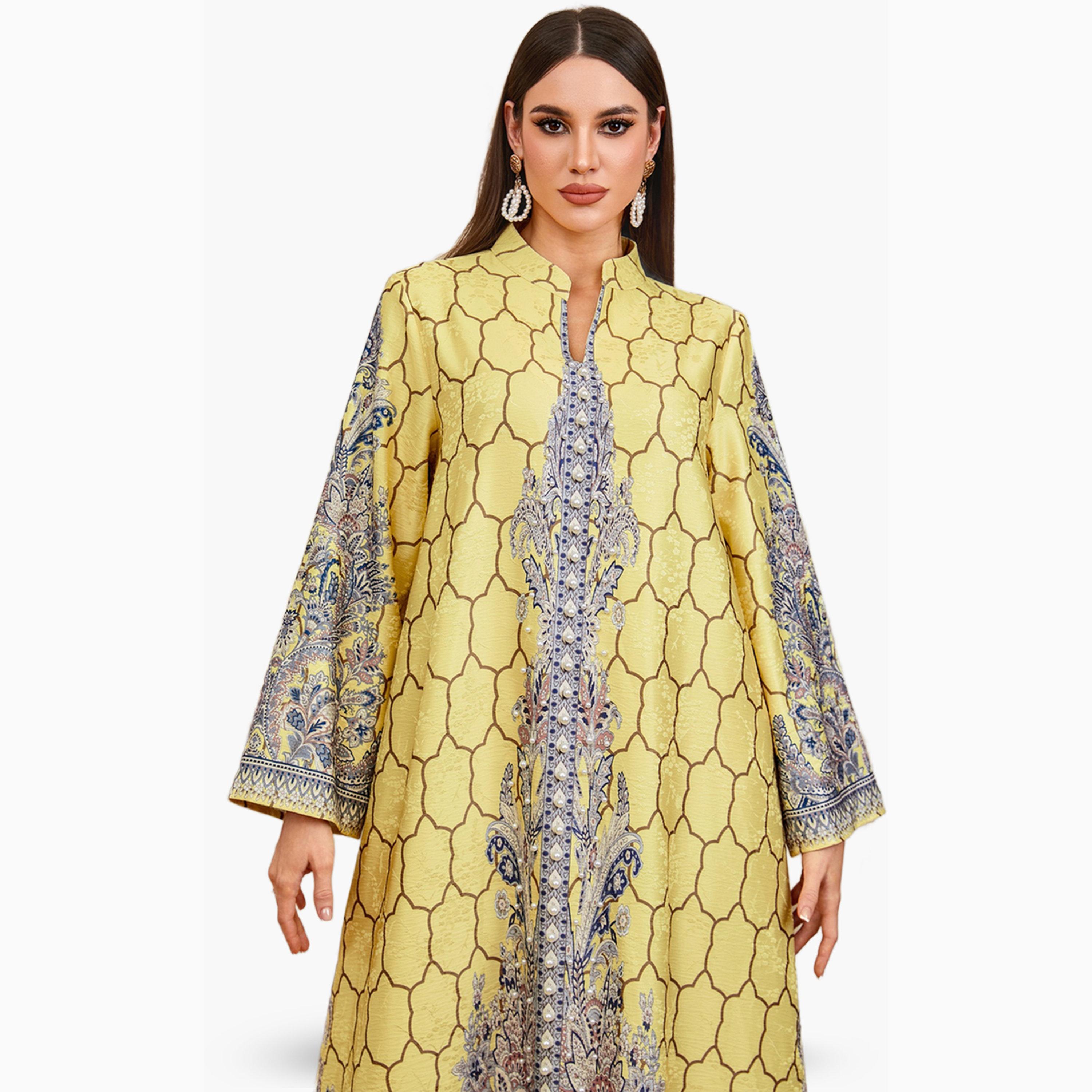 Take Two Yellow Floral Print Faux Pearl Embellished Jalabiya-women-arabicclothing-jalabiyas-image-3