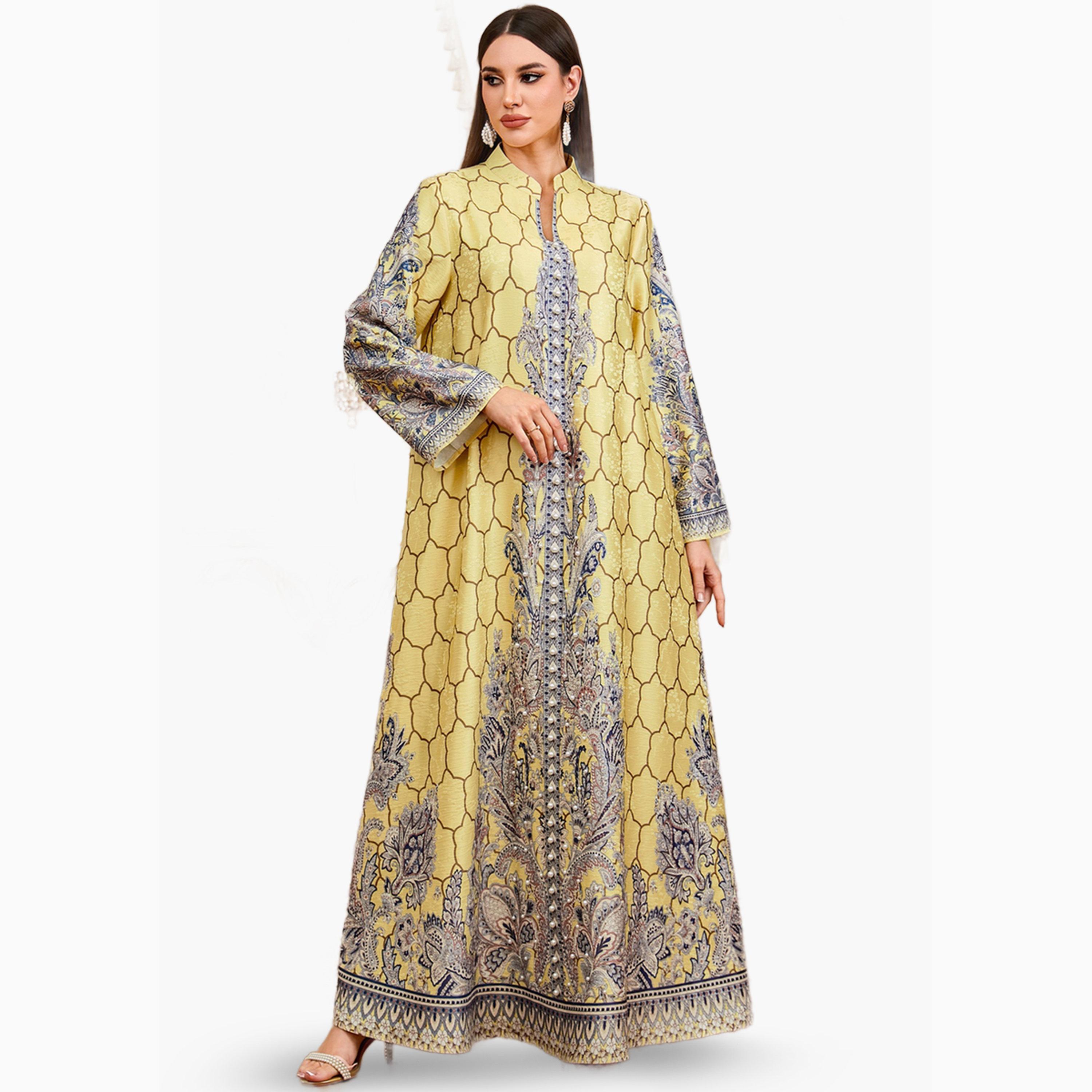 جلابية صفراء بطبعة أزهار ومزينة بلؤلؤ صناعي-women-arabicclothing-jalabiyas-image-4
