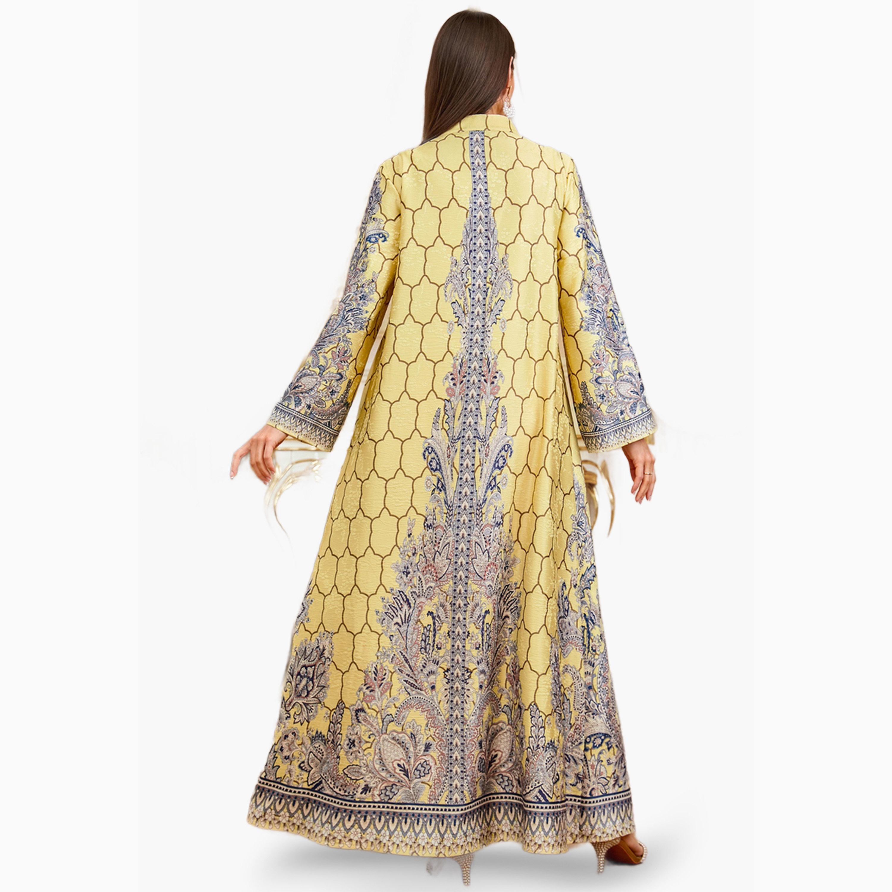 Take Two Yellow Floral Print Faux Pearl Embellished Jalabiya-women-arabicclothing-jalabiyas-image-5