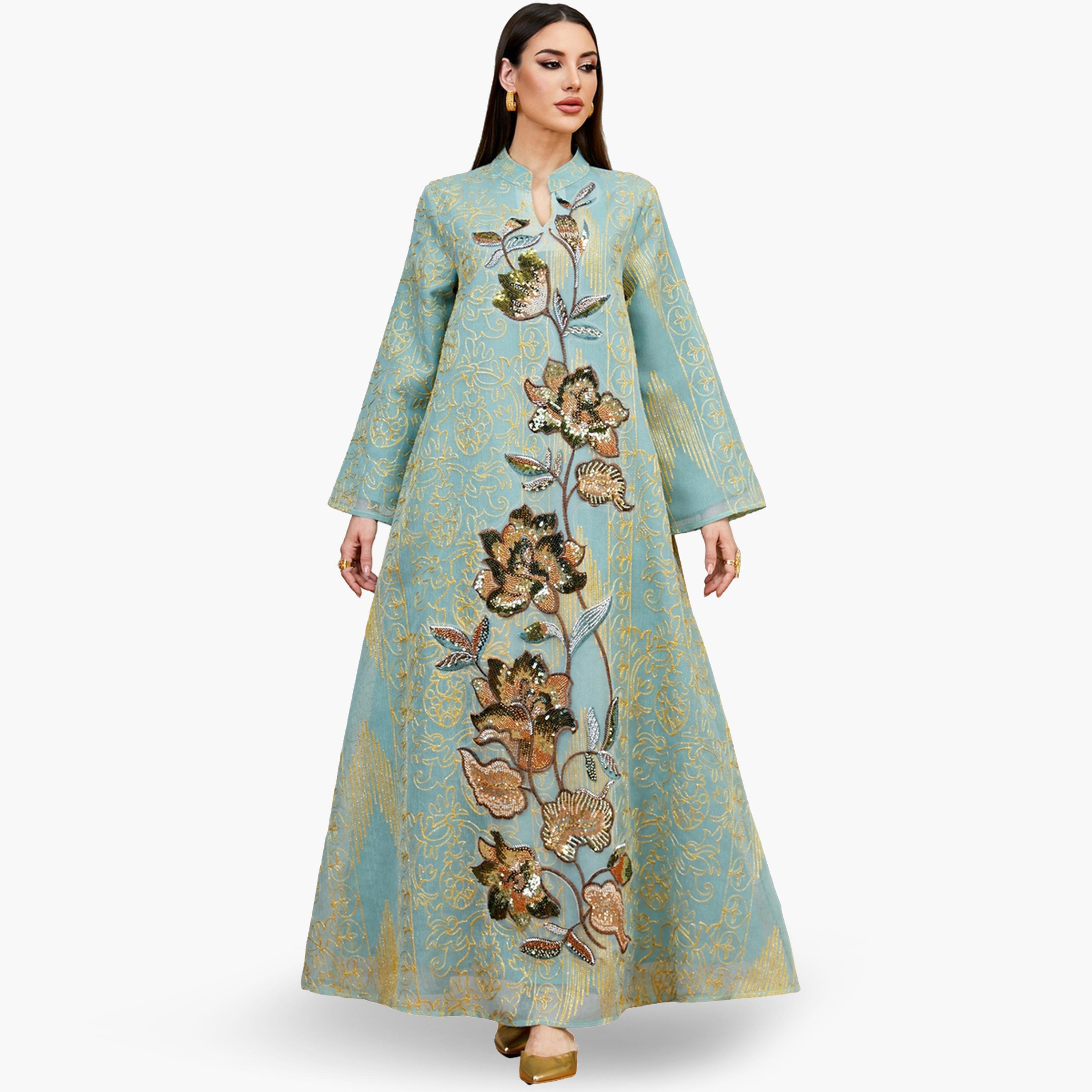 Take Two Women Teal Sequin Embroidered Jalabiya-women-arabicclothing-jalabiyas-image-1