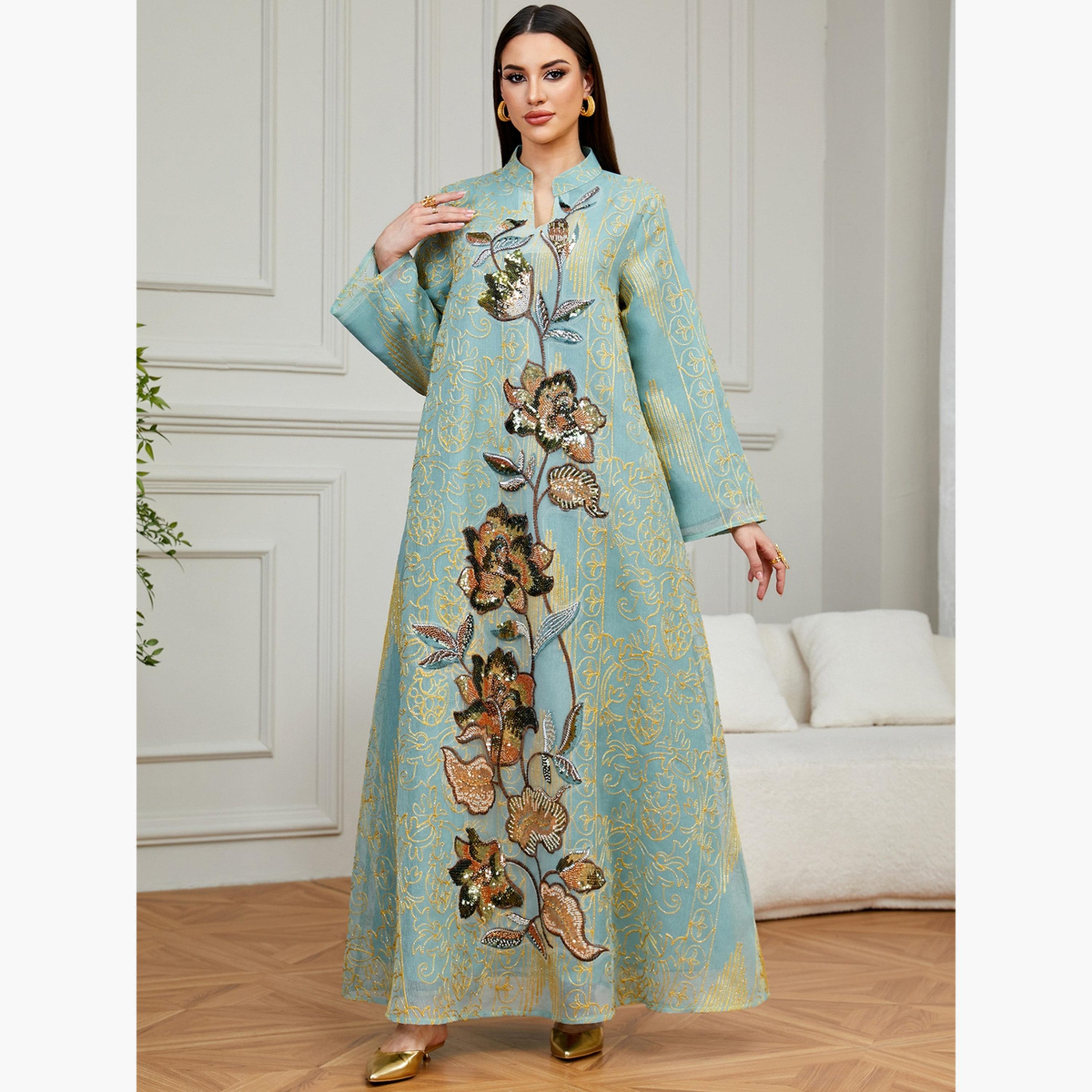 Take Two Women Teal Sequin Embroidered Jalabiya-women-arabicclothing-jalabiyas-image-2