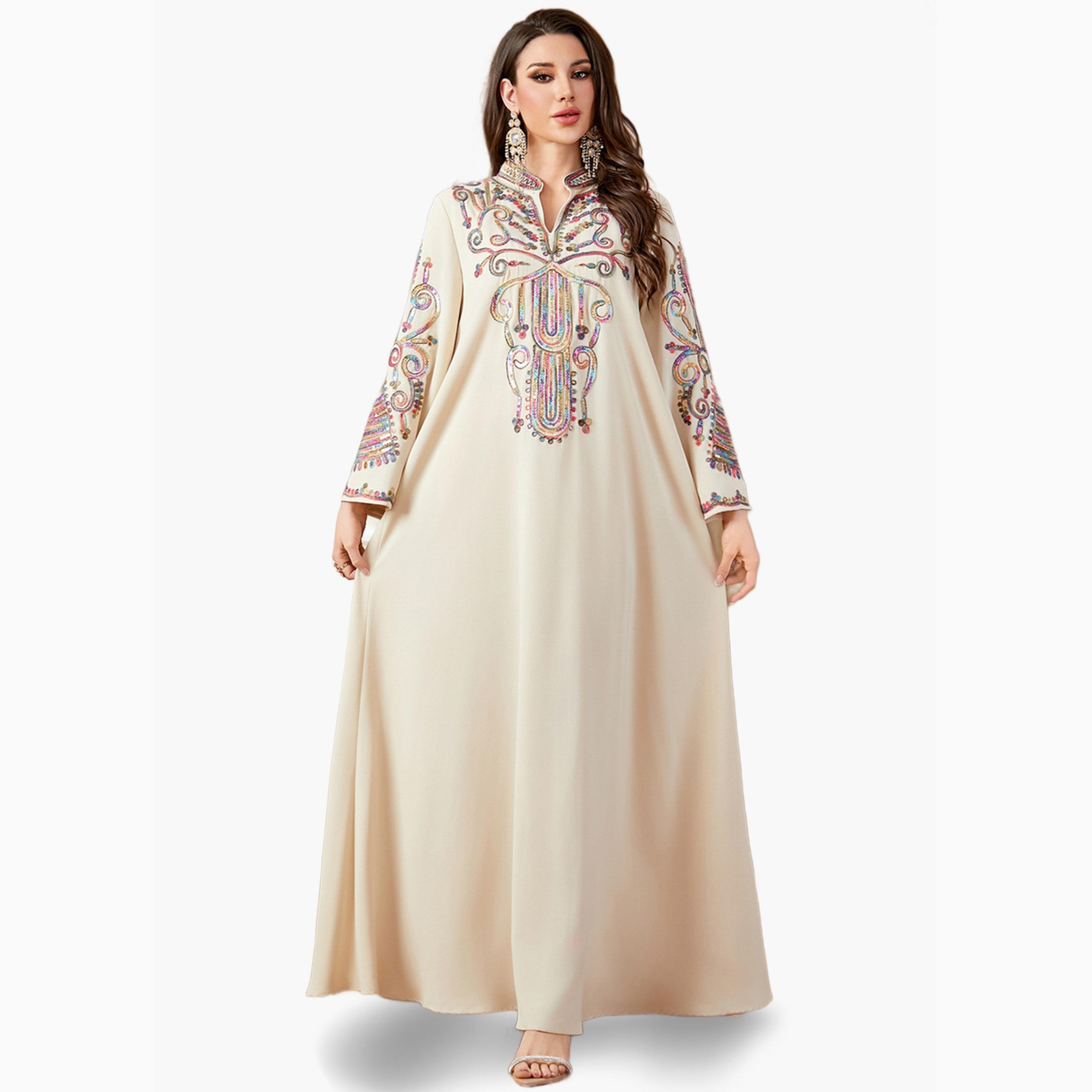 Take Two Beige Embroidered Notch Neck Jalabiya-women-arabicclothing-jalabiyas-image-2