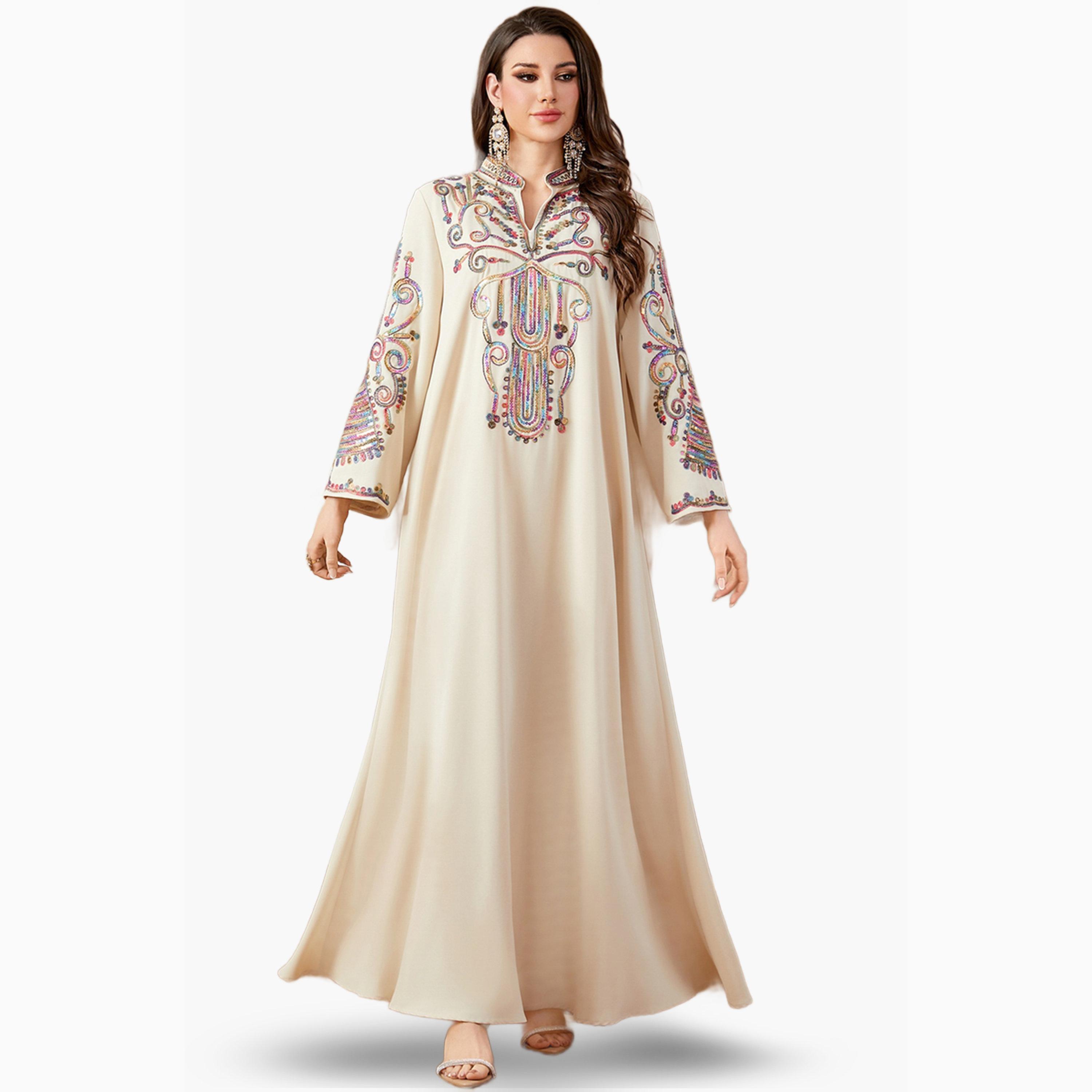 Take Two Beige Embroidered Notch Neck Jalabiya-women-arabicclothing-jalabiyas-image-3