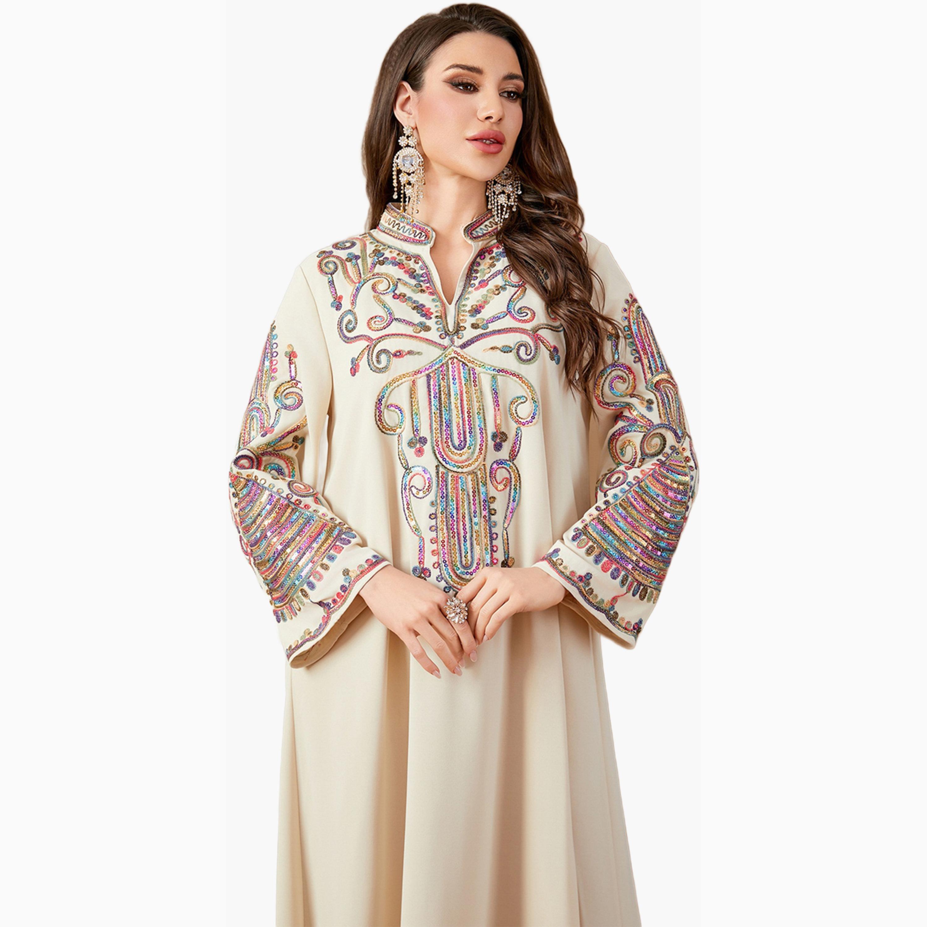 Take Two Beige Embroidered Notch Neck Jalabiya-women-arabicclothing-jalabiyas-image-5