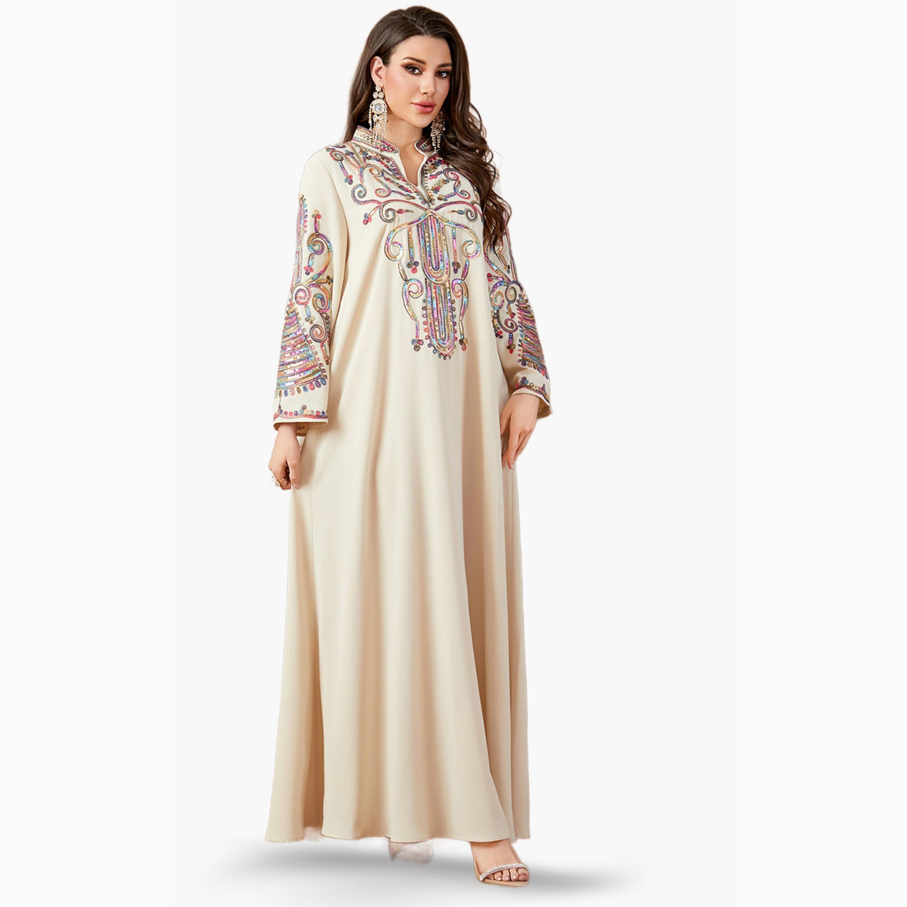 Take Two Beige Embroidered Notch Neck Jalabiya-women-arabicclothing-jalabiyas-image-6