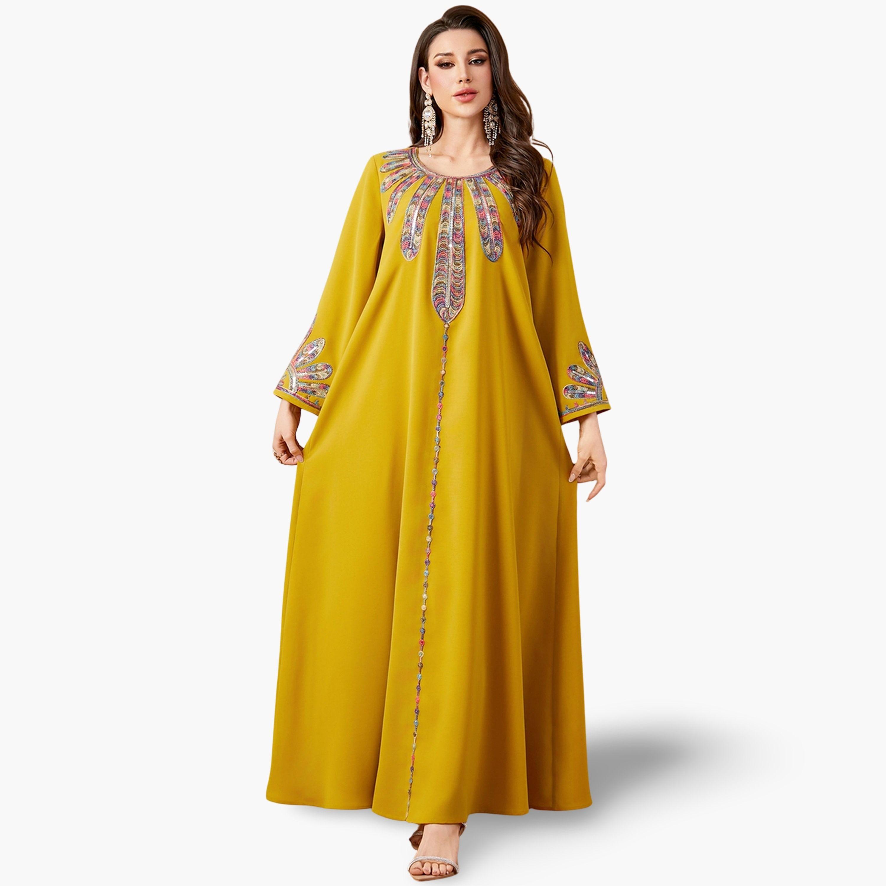 جلابية نسائية بأكمام طويلة مع لوحة ترتر-women-arabicclothing-jalabiyas-image-1