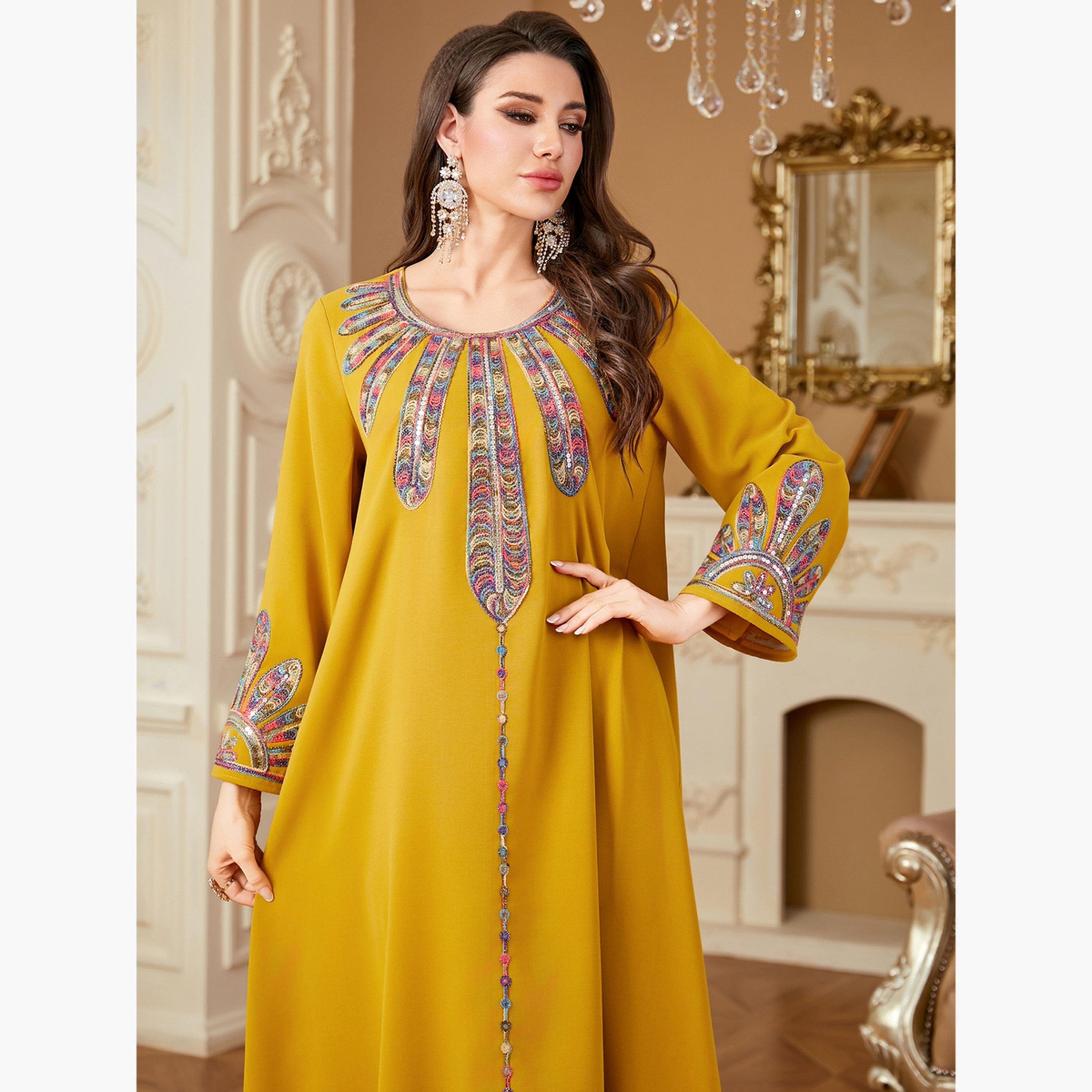 جلابية نسائية بأكمام طويلة مع لوحة ترتر-women-arabicclothing-jalabiyas-image-2
