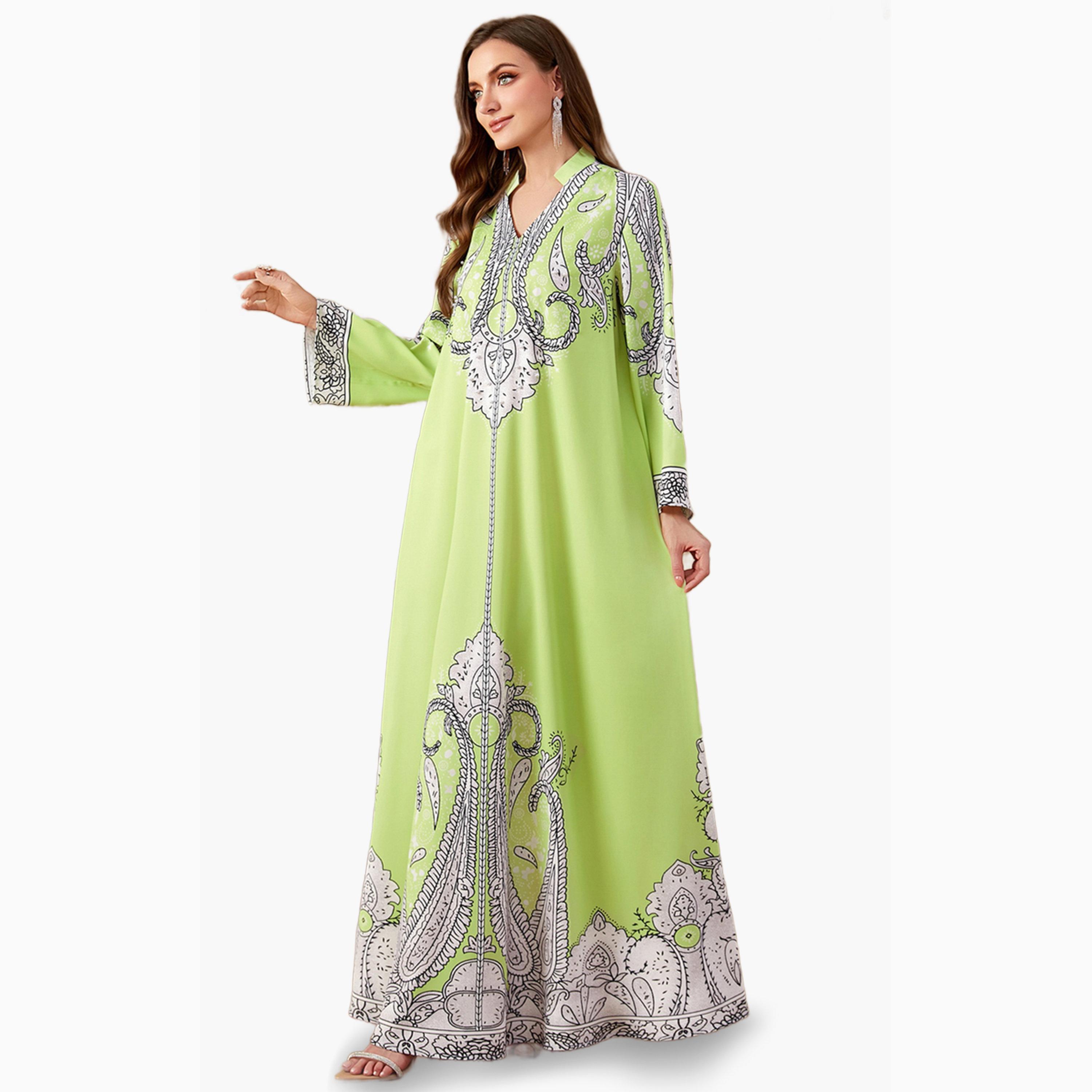 Take Two Green Printed Collared Jalabiya with Faux Pearl Detail-women-arabicclothing-jalabiyas-image-2