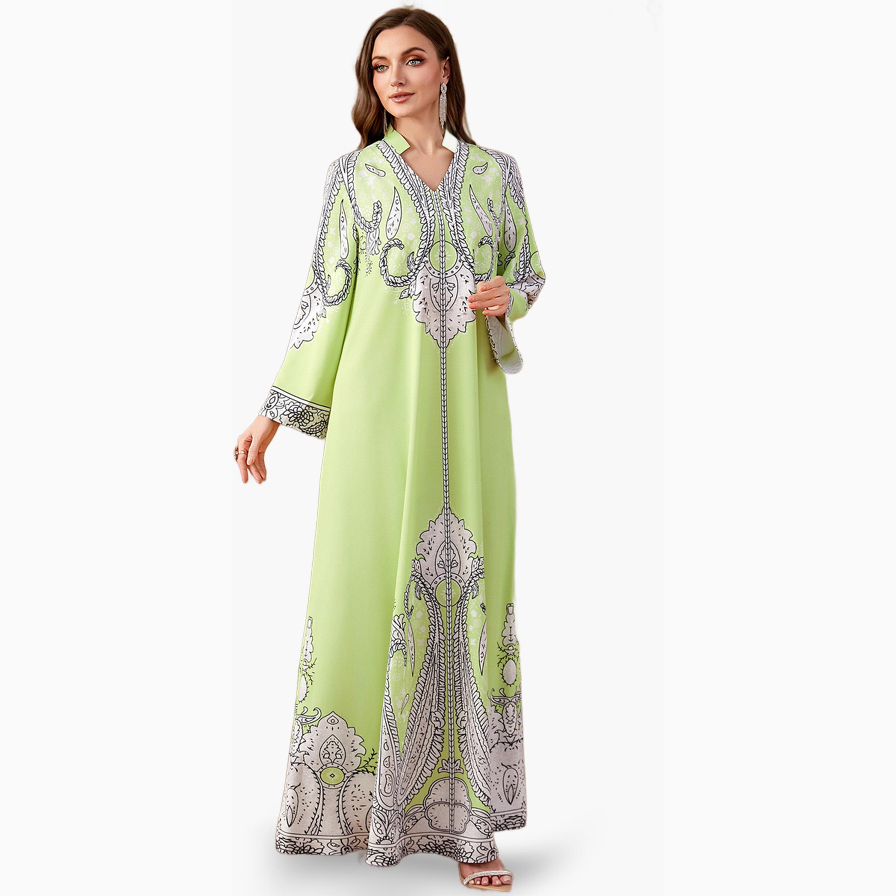 Take Two Green Printed Collared Jalabiya with Faux Pearl Detail-women-arabicclothing-jalabiyas-image-4