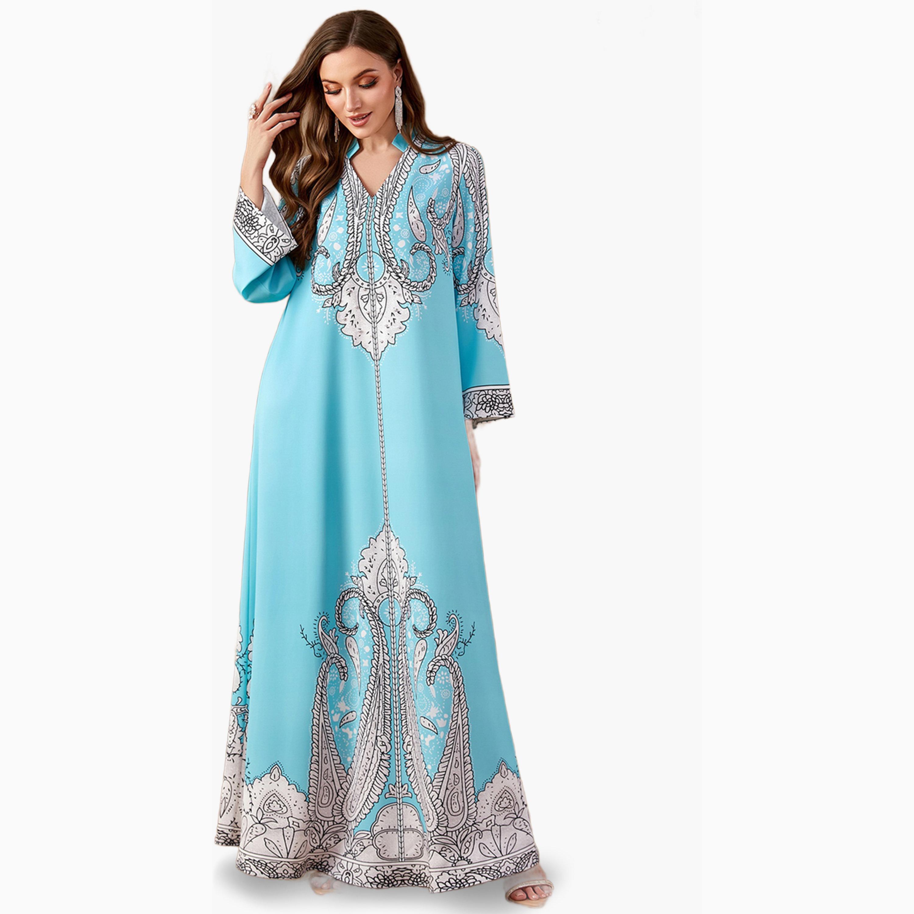 Take Two Blue Printed Collared Jalabiya with Faux Pearl Detail-women-arabicclothing-jalabiyas-image-2