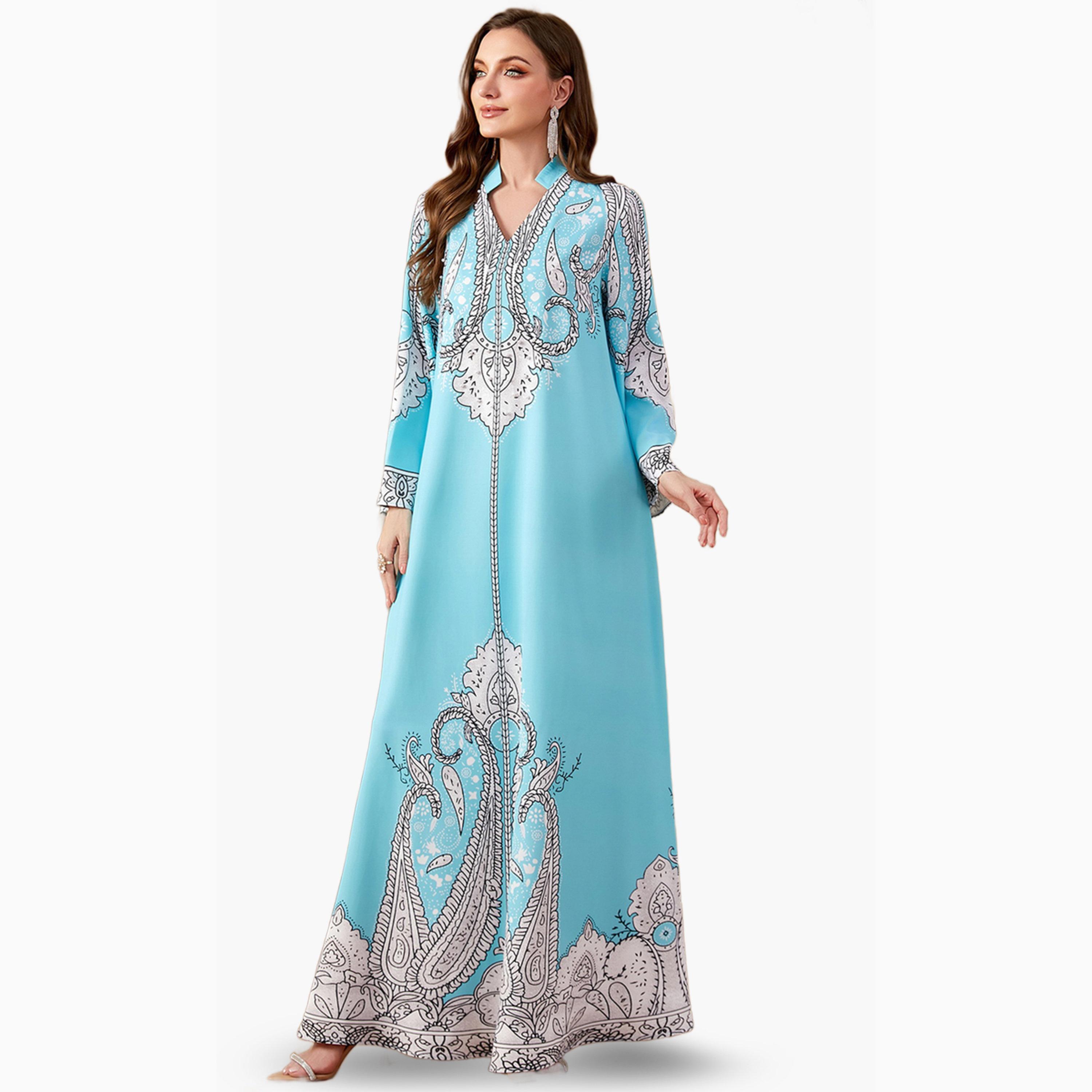 Take Two Blue Printed Collared Jalabiya with Faux Pearl Detail-women-arabicclothing-jalabiyas-image-3