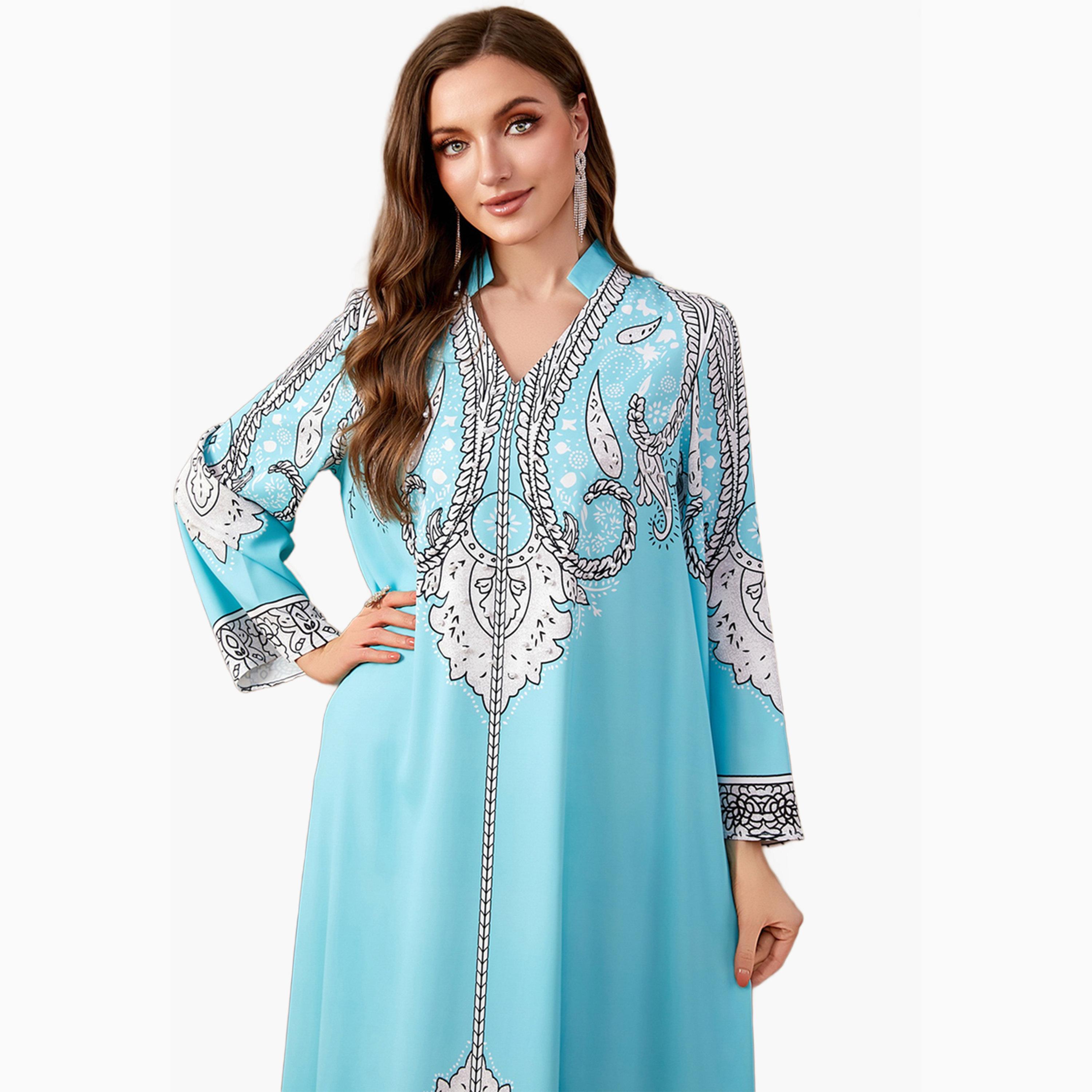 Take Two Blue Printed Collared Jalabiya with Faux Pearl Detail-women-arabicclothing-jalabiyas-image-5