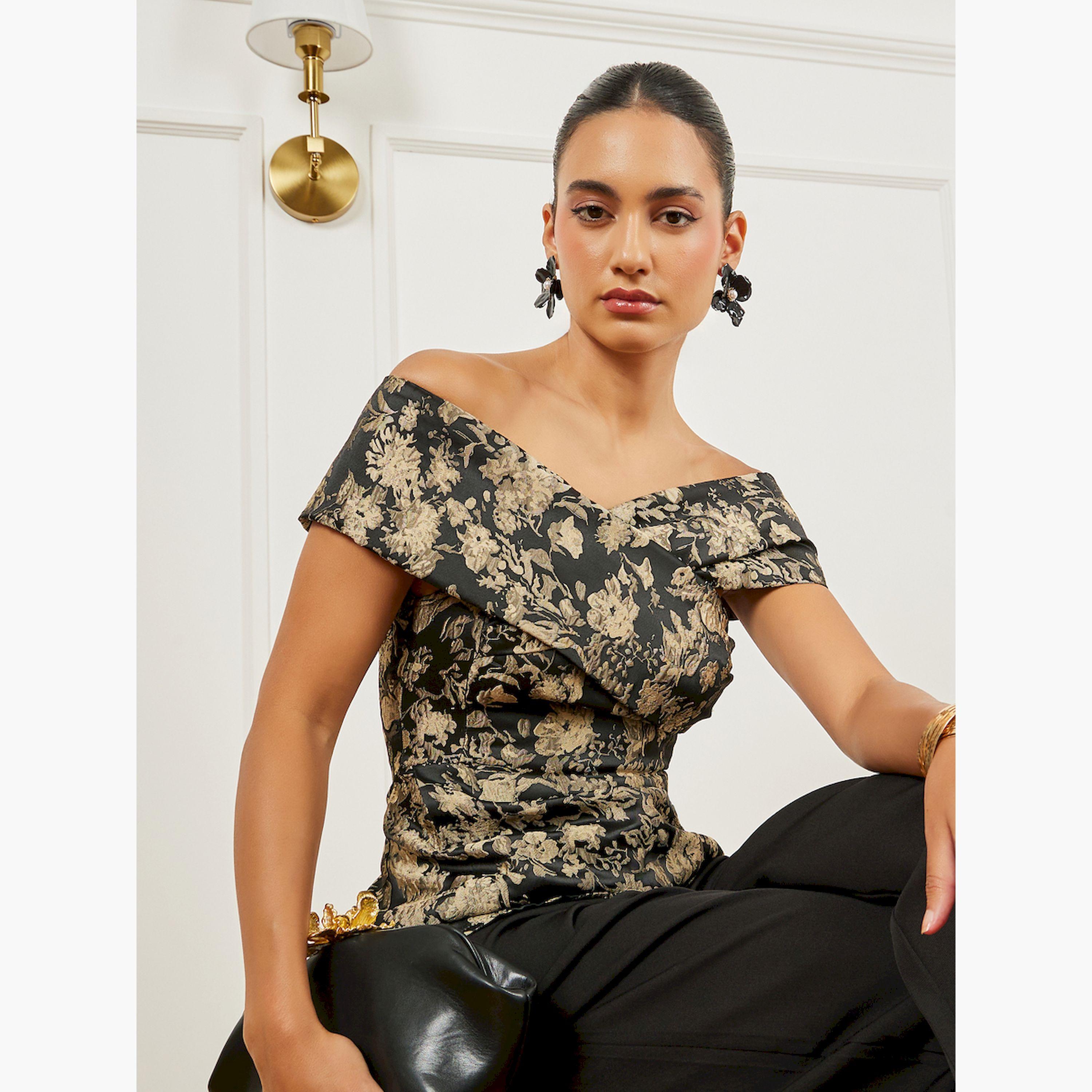 Styli Black Floral Jacquard Off-Shoulder Top-women-clothing-shirtsandblouses-blouses-image-3