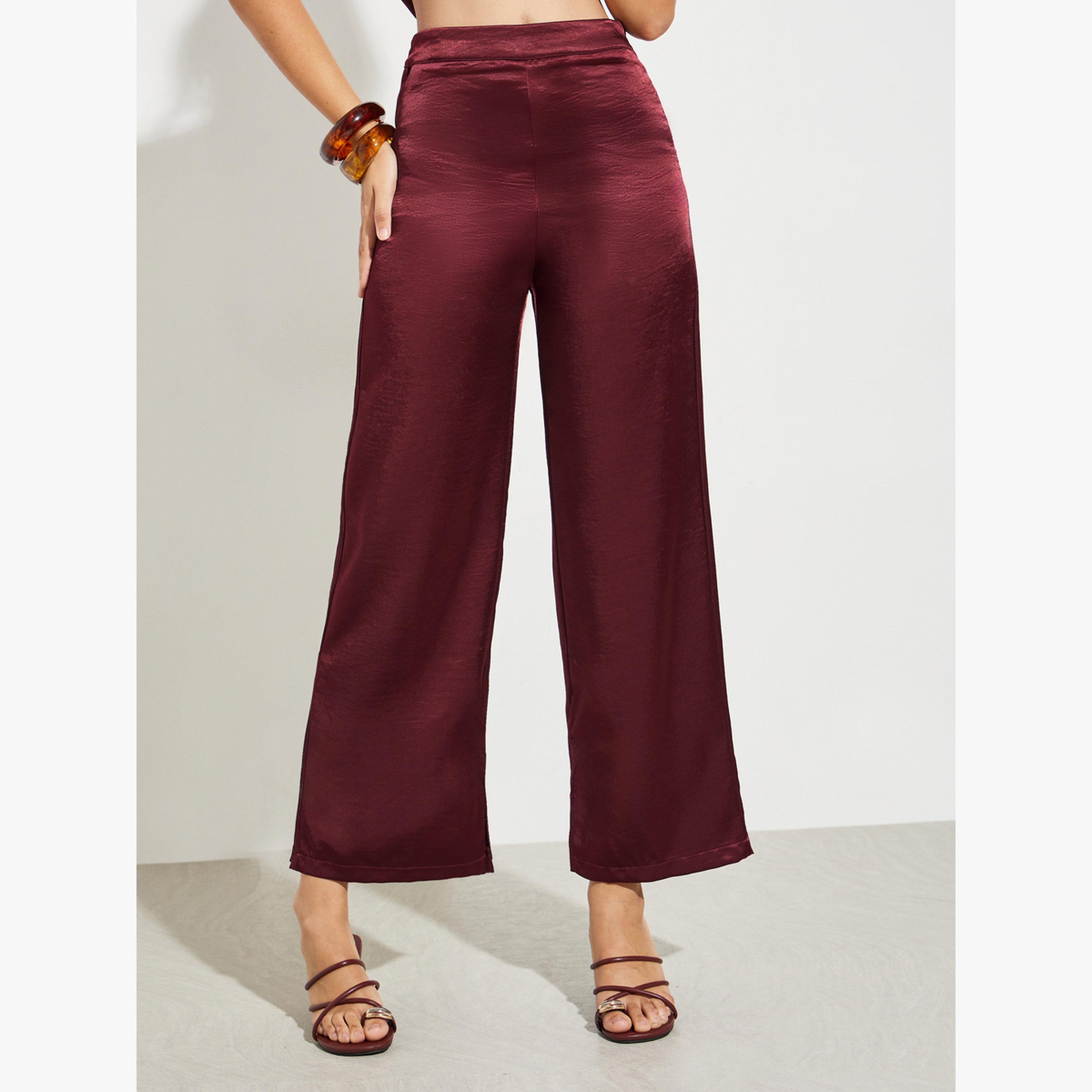 Styli Burgundy Satin Wide Leg Trousers-women-clothing-bottoms-joggers-image-1