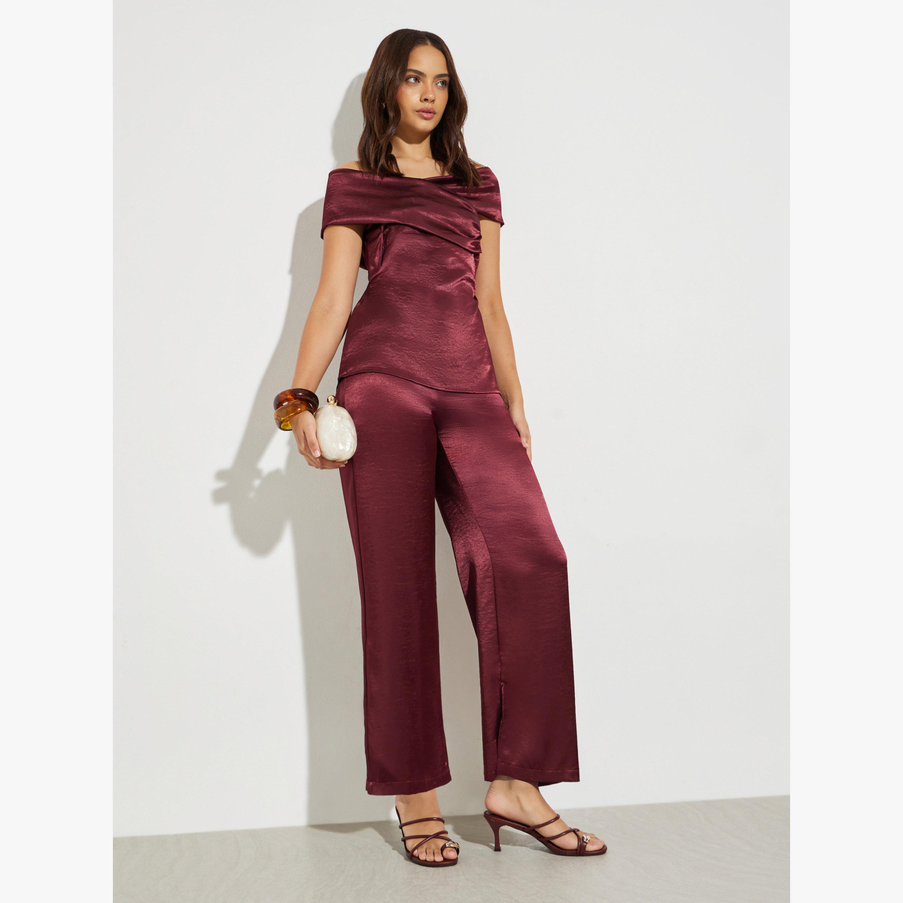 Styli Burgundy Satin Wide Leg Trousers-women-clothing-bottoms-joggers-image-2