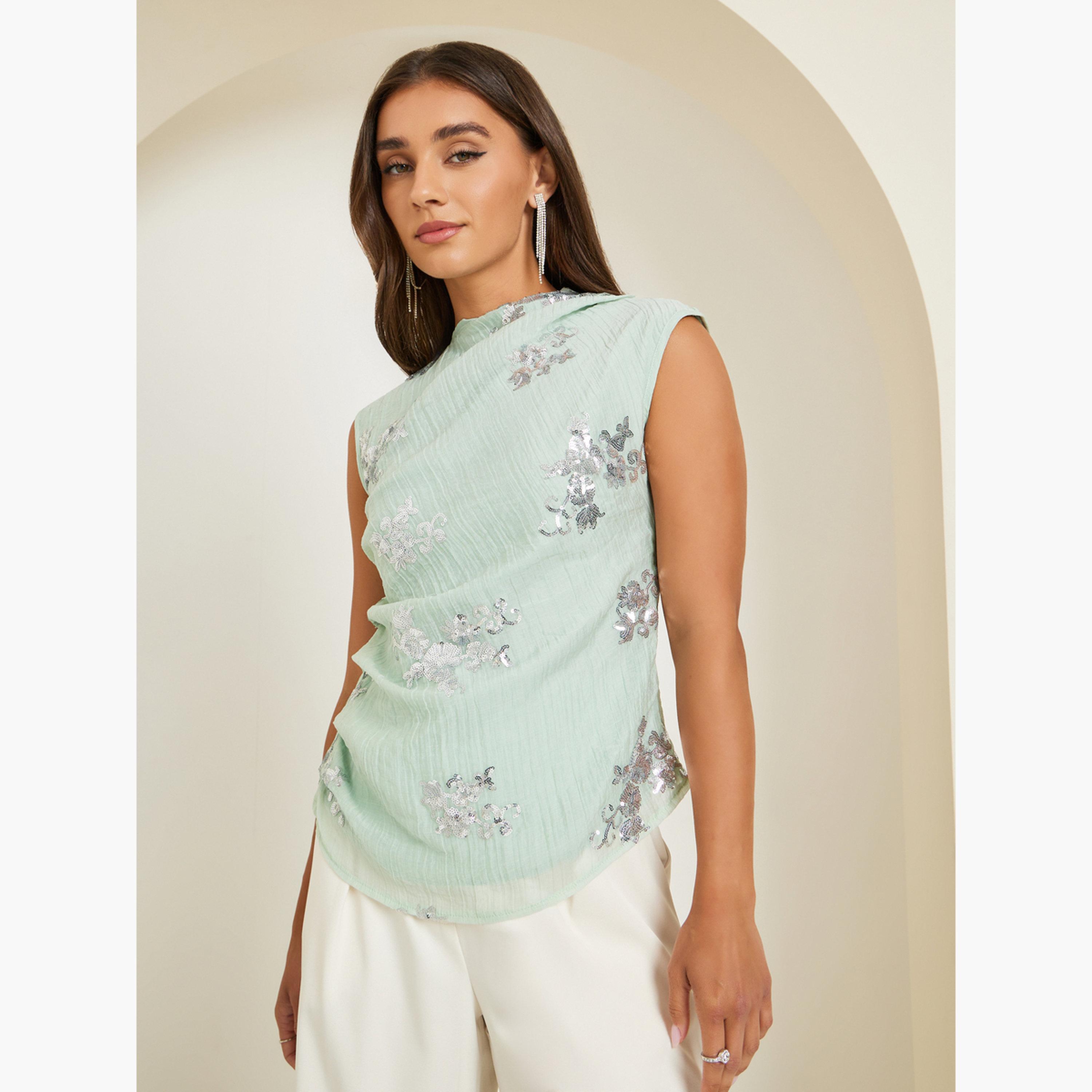 Styli Women Green Sleeveless Sequin Top-women-clothing-shirtsandblouses-blouses-image-1