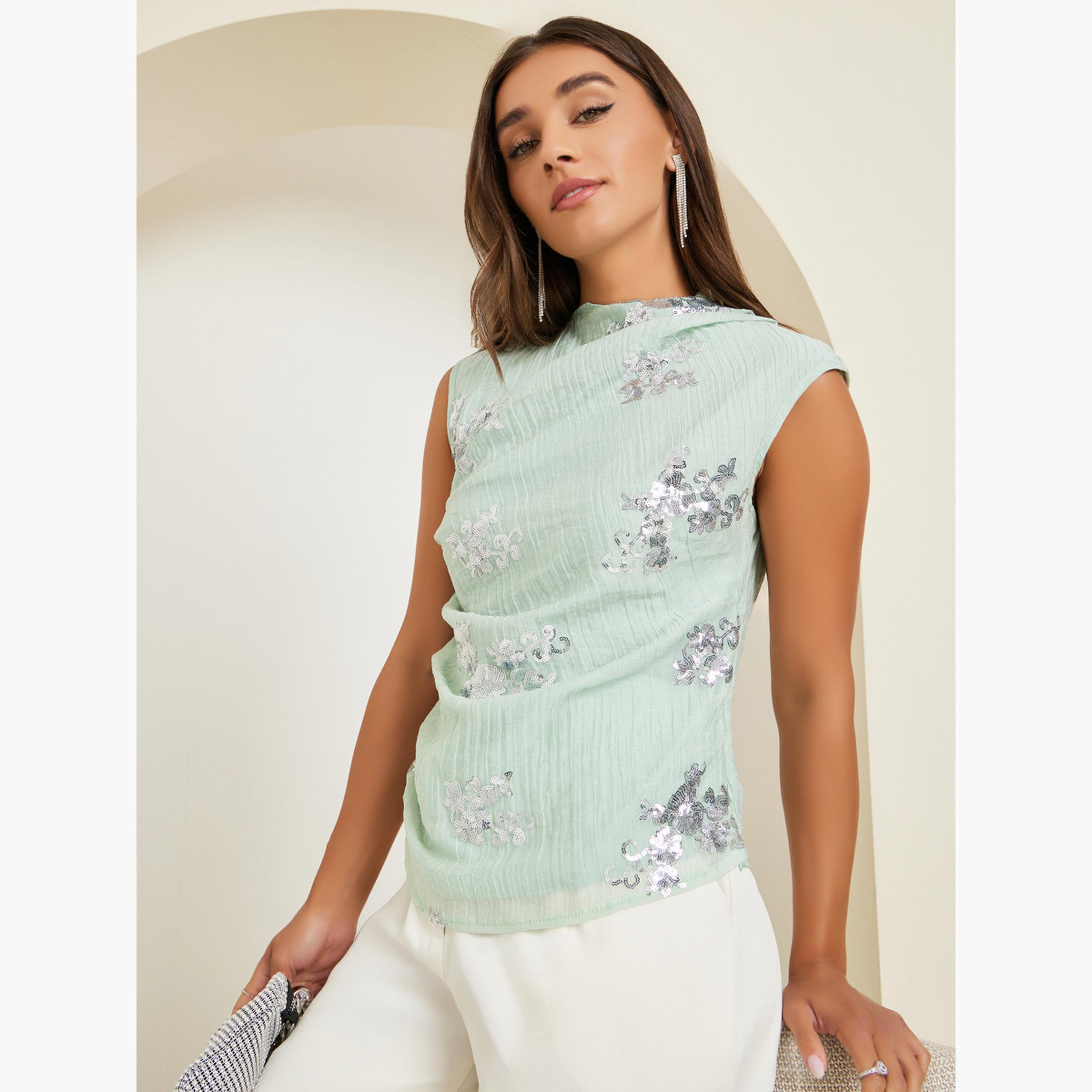 Styli Women Green Sleeveless Sequin Top-women-clothing-shirtsandblouses-blouses-image-3