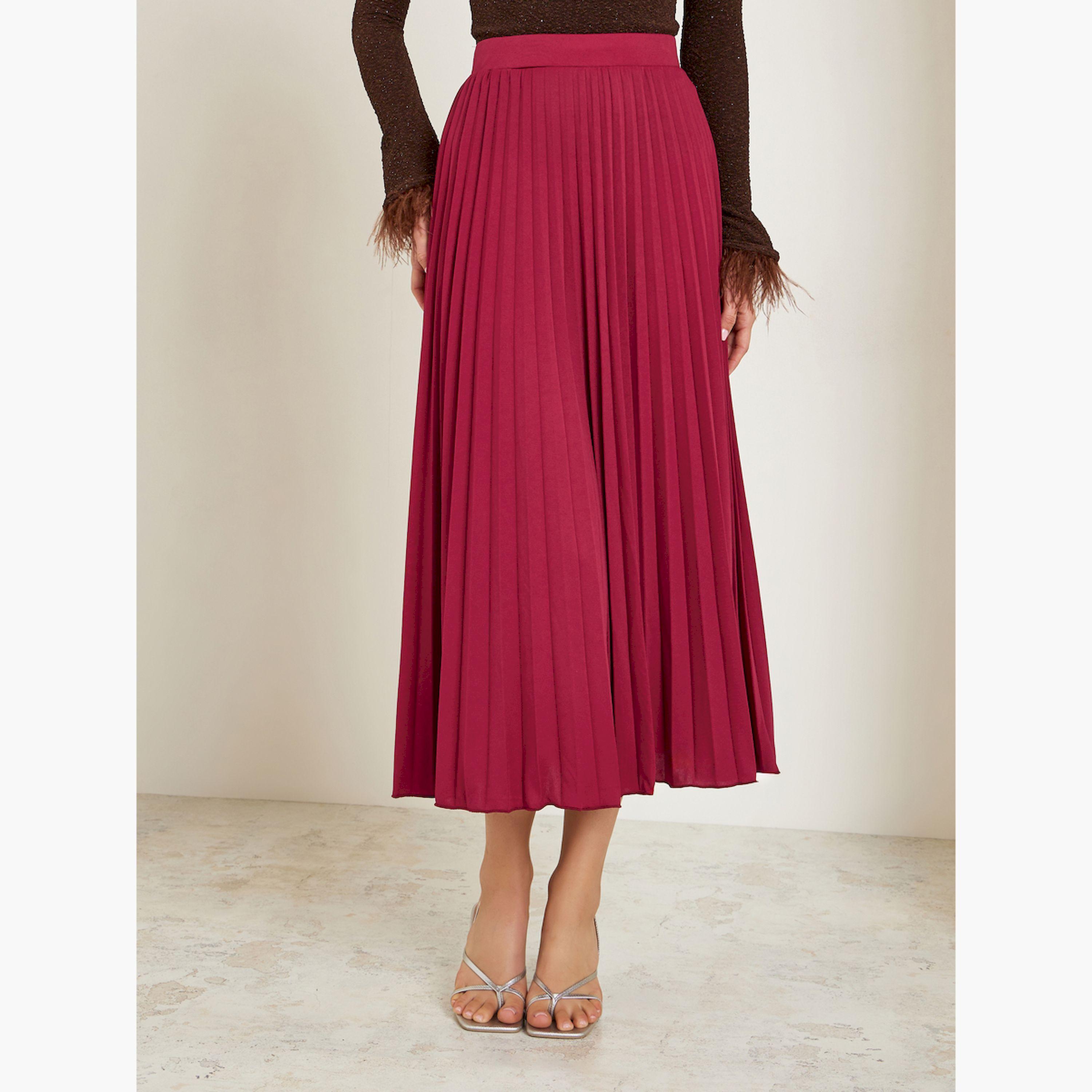 Styli Burgundy Pleated Midi Skirt-women-clothing-bottoms-skirts-image-1