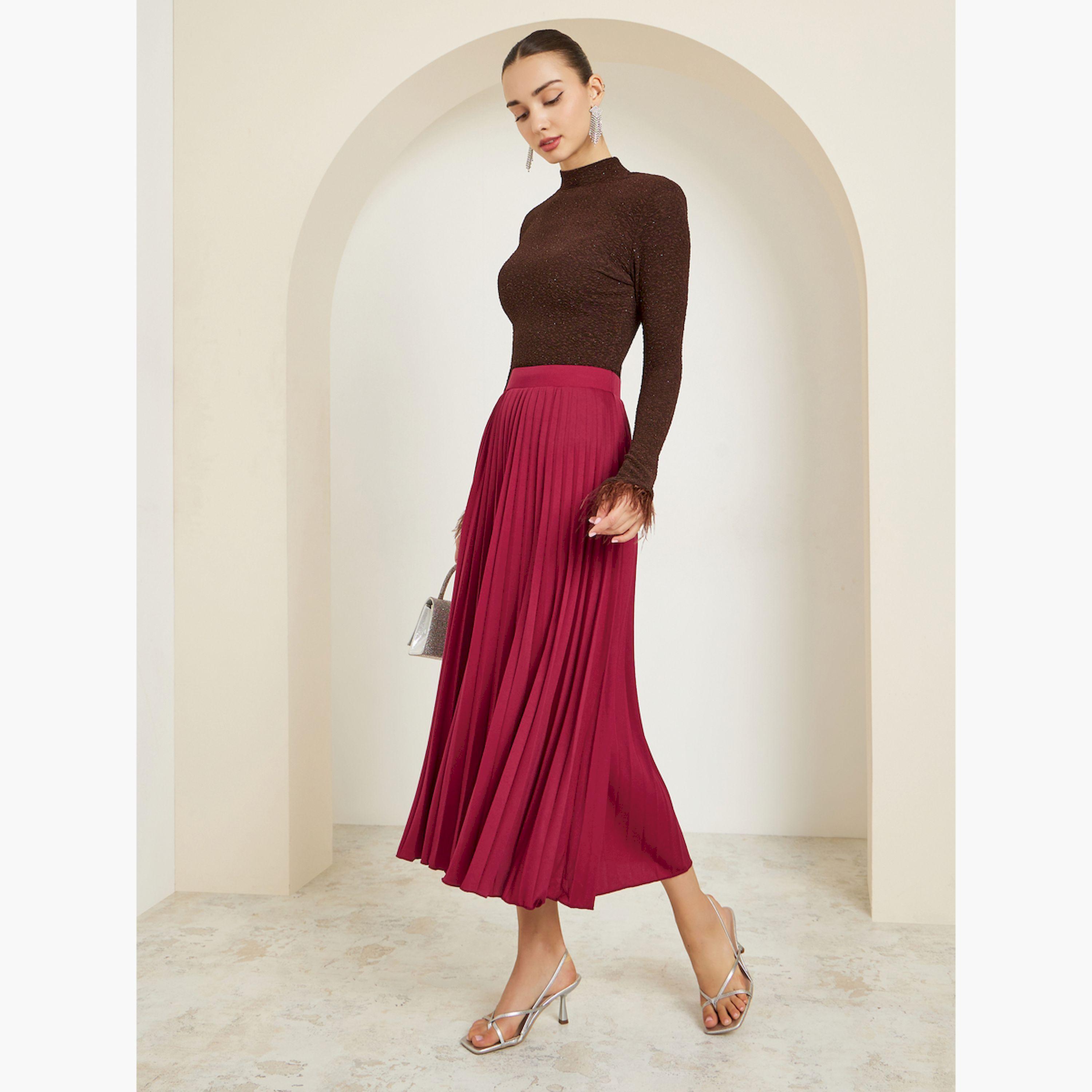 Styli Burgundy Pleated Midi Skirt-women-clothing-bottoms-skirts-image-2