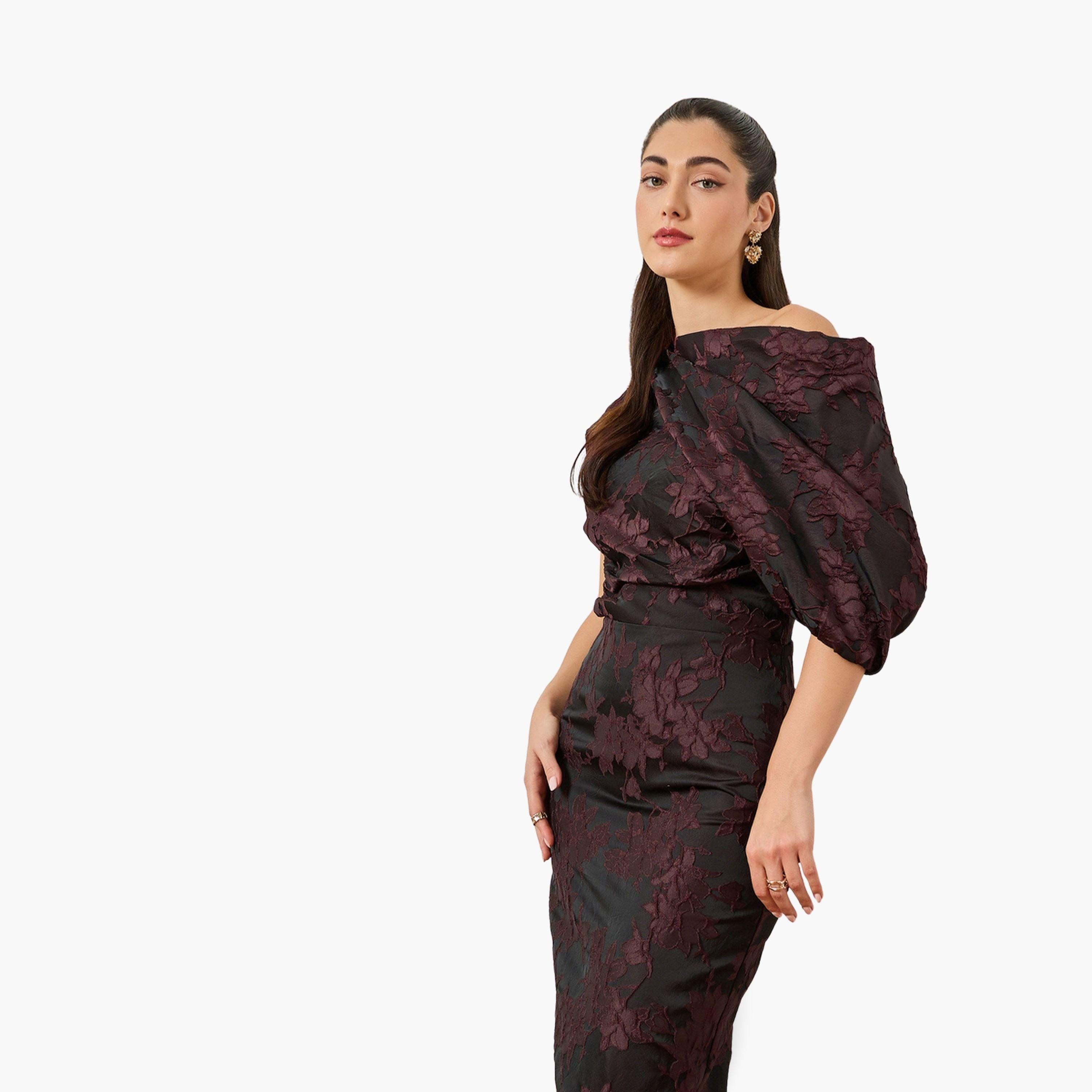 Styli Women Black Floral Jacquard Midi Dress-women-clothing-dresses-image-2