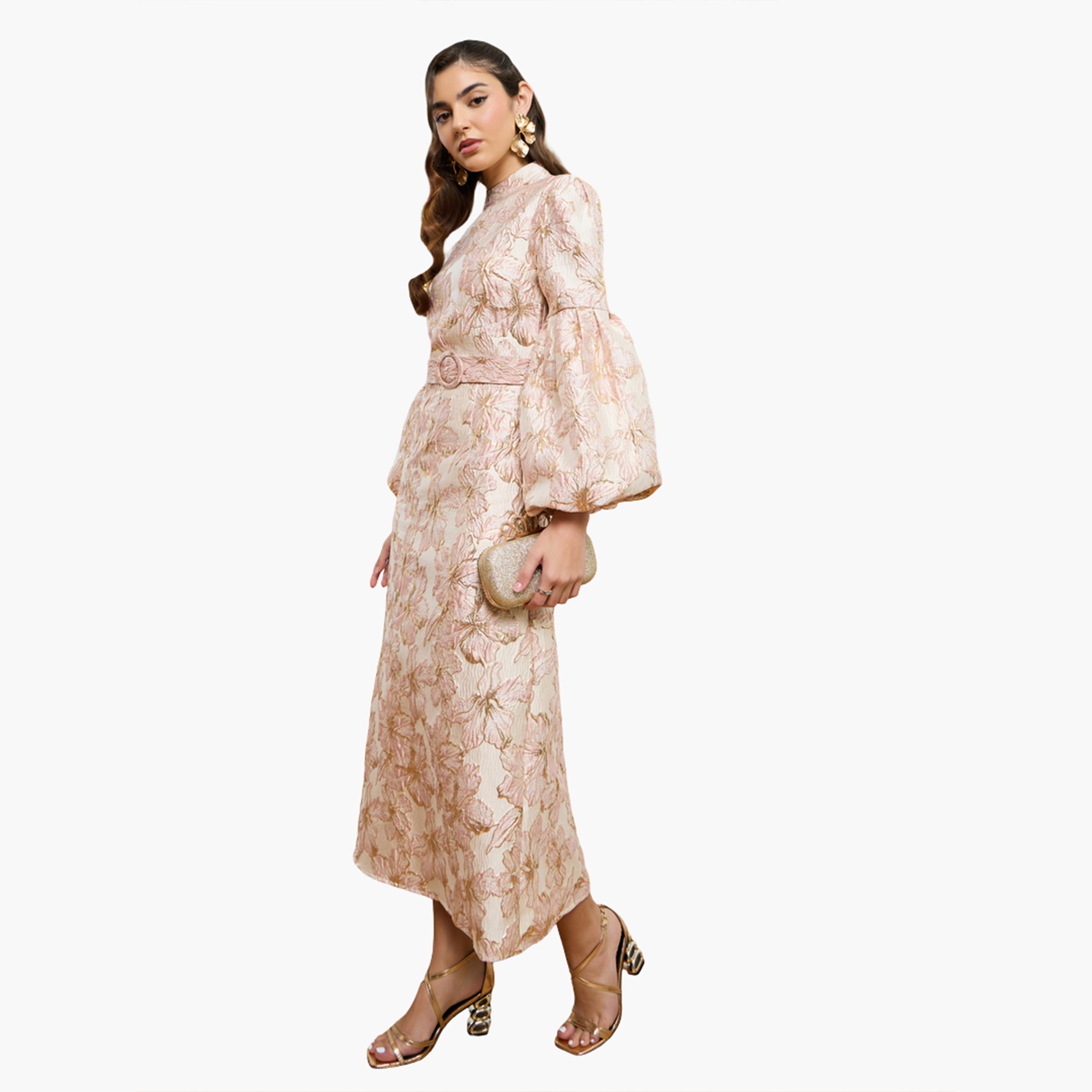فستان طويل بتفاصيل جاكار بلون ذهبي-women-clothing-dresses-image-2