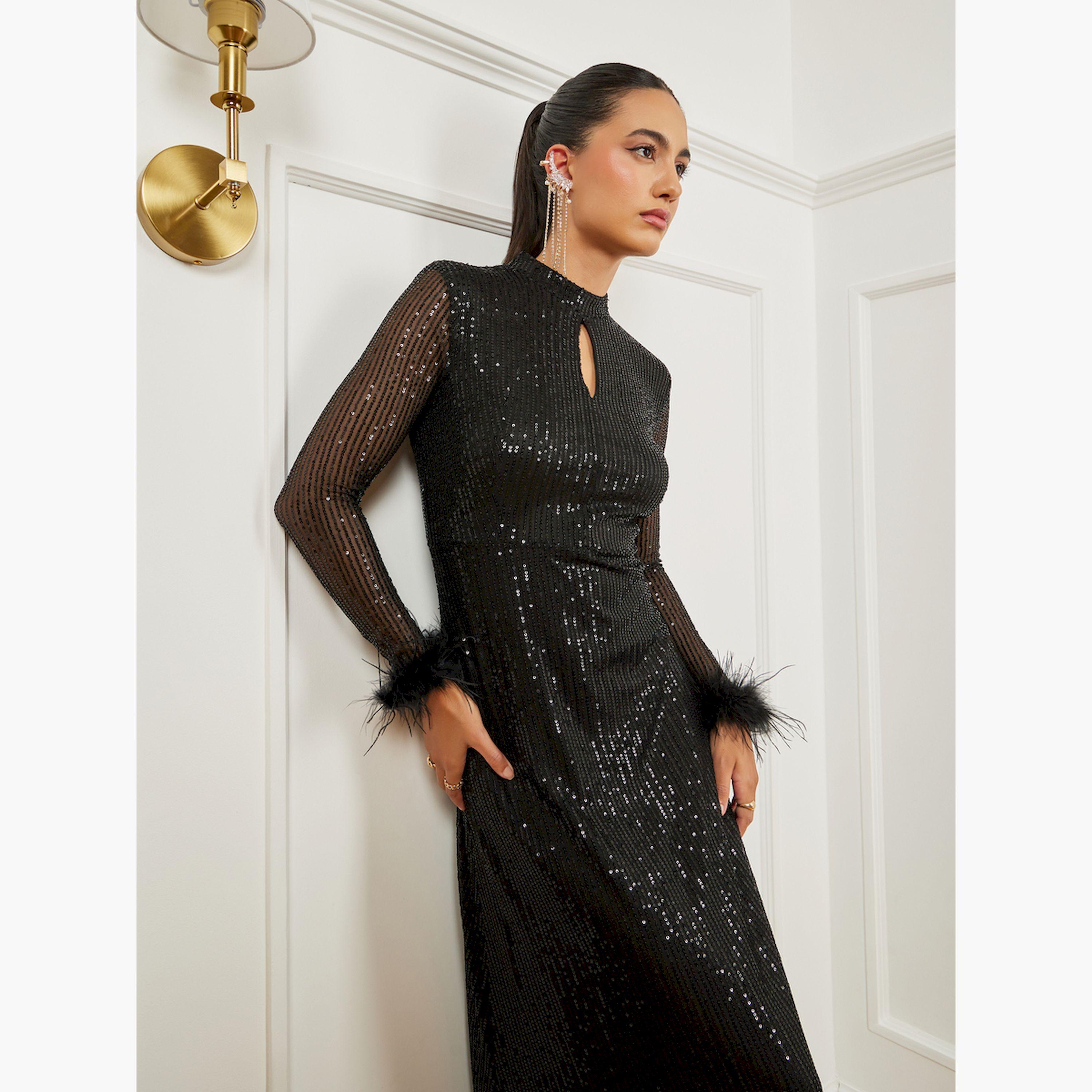فستان طويل ترتر بتفاصيل ريش-women-clothing-dresses-image-2