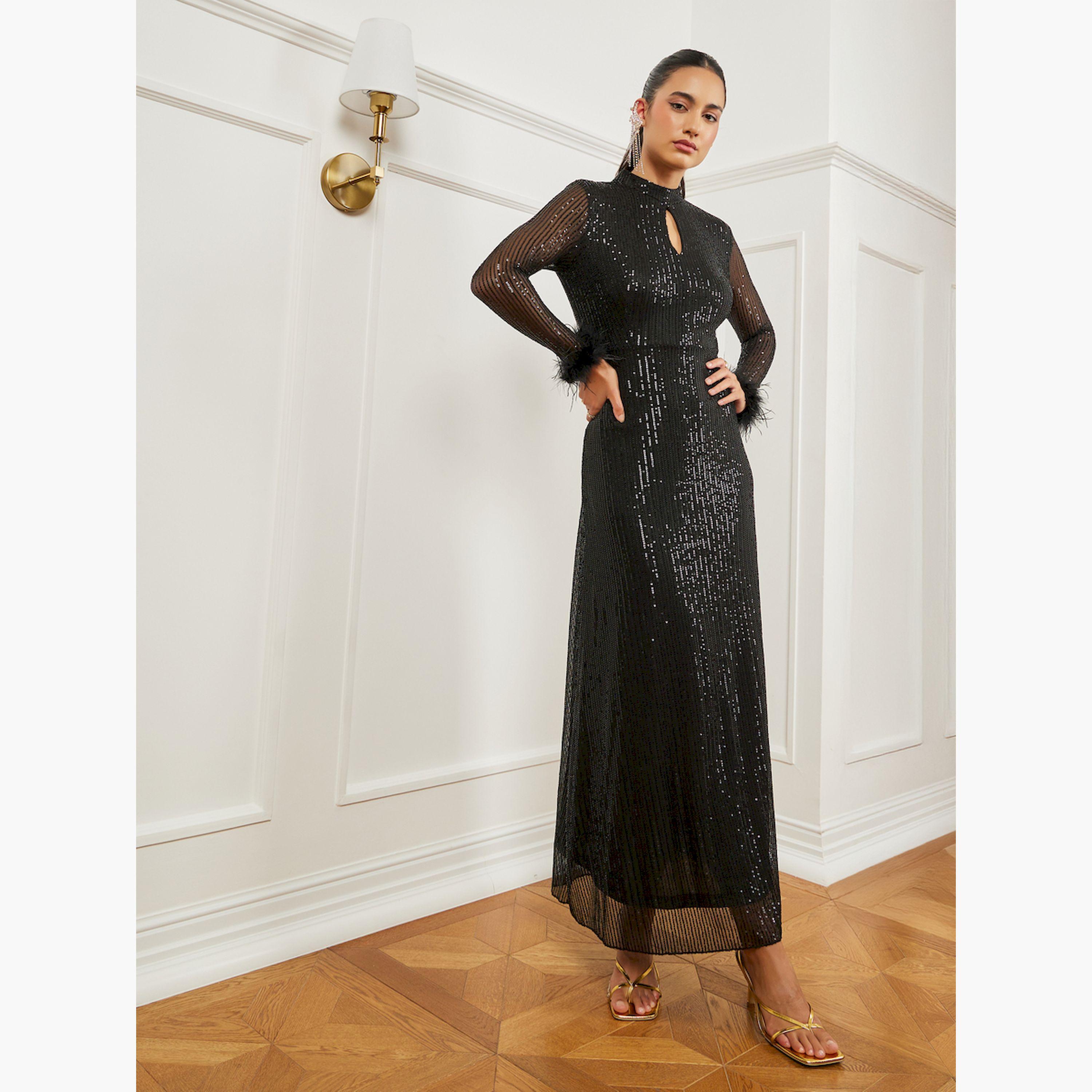 فستان طويل ترتر بتفاصيل ريش-women-clothing-dresses-image-3