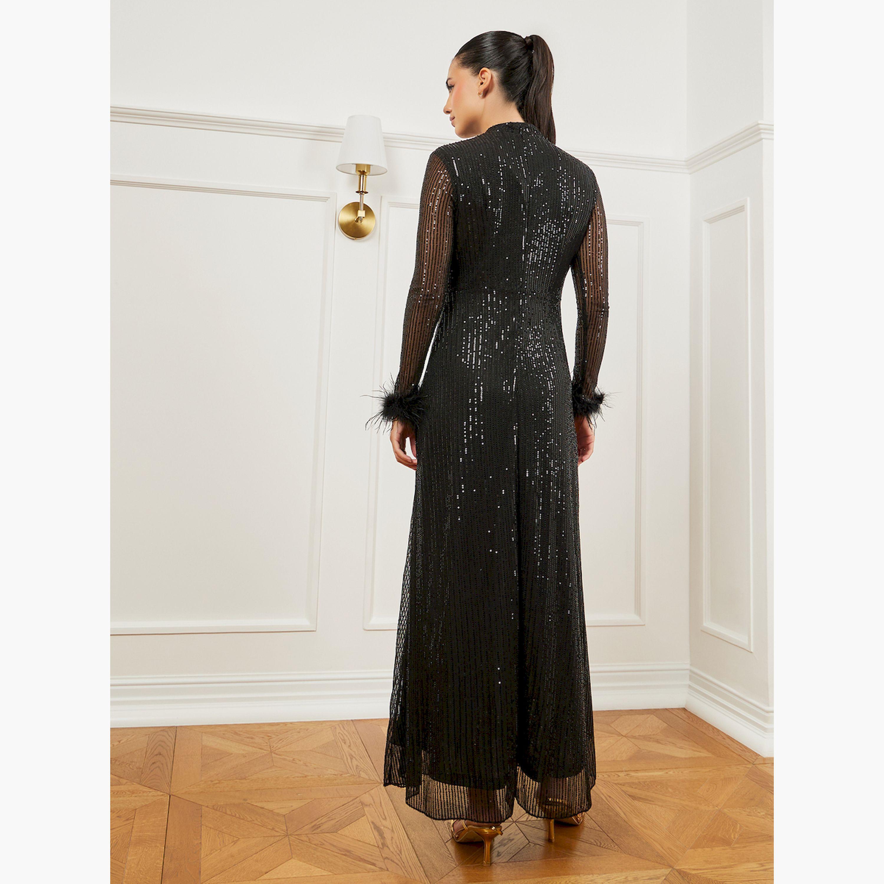 Styli Black Sequin Embellished Feather Trim Maxi Dress-women-clothing-dresses-image-4