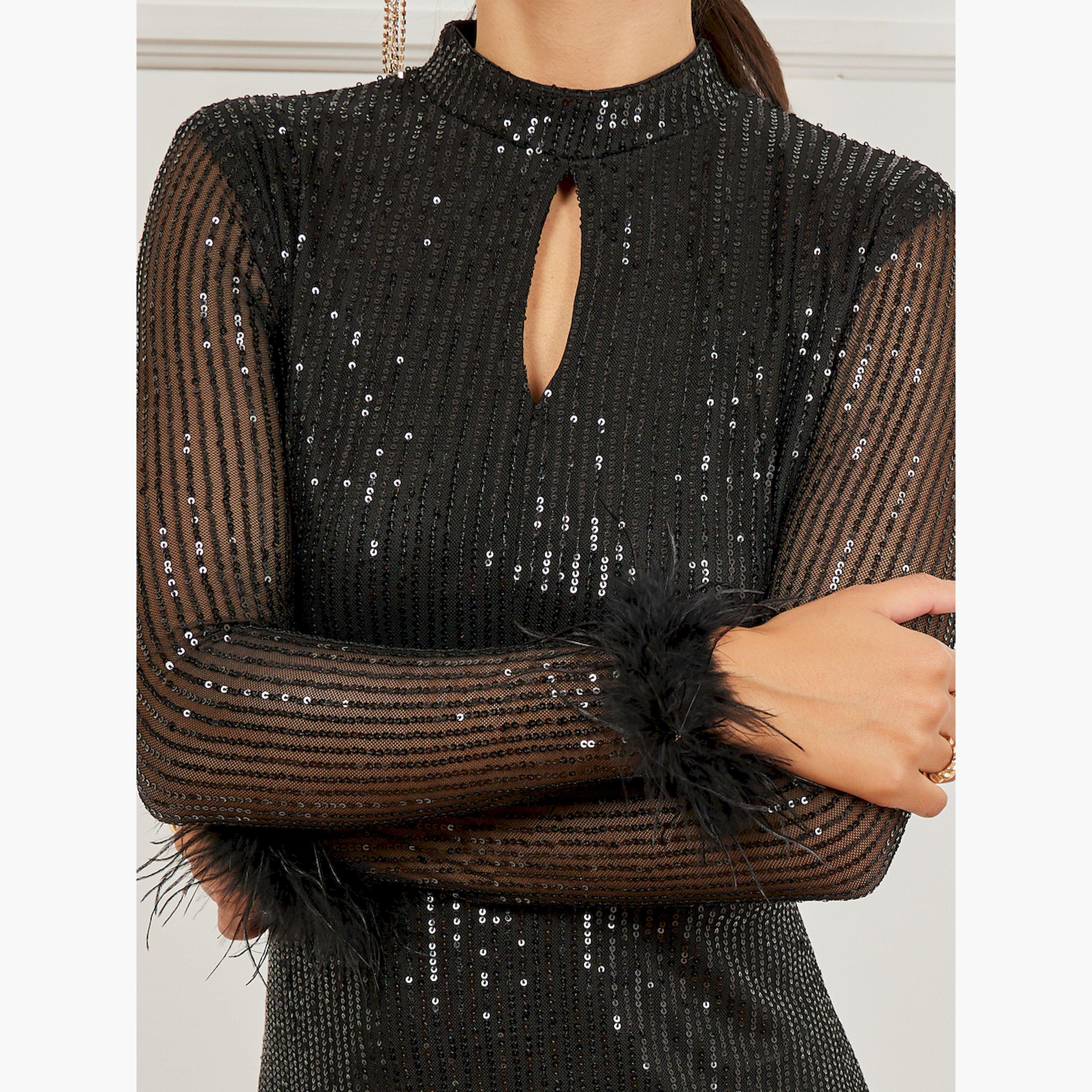 Styli Black Sequin Embellished Feather Trim Maxi Dress-women-clothing-dresses-image-5