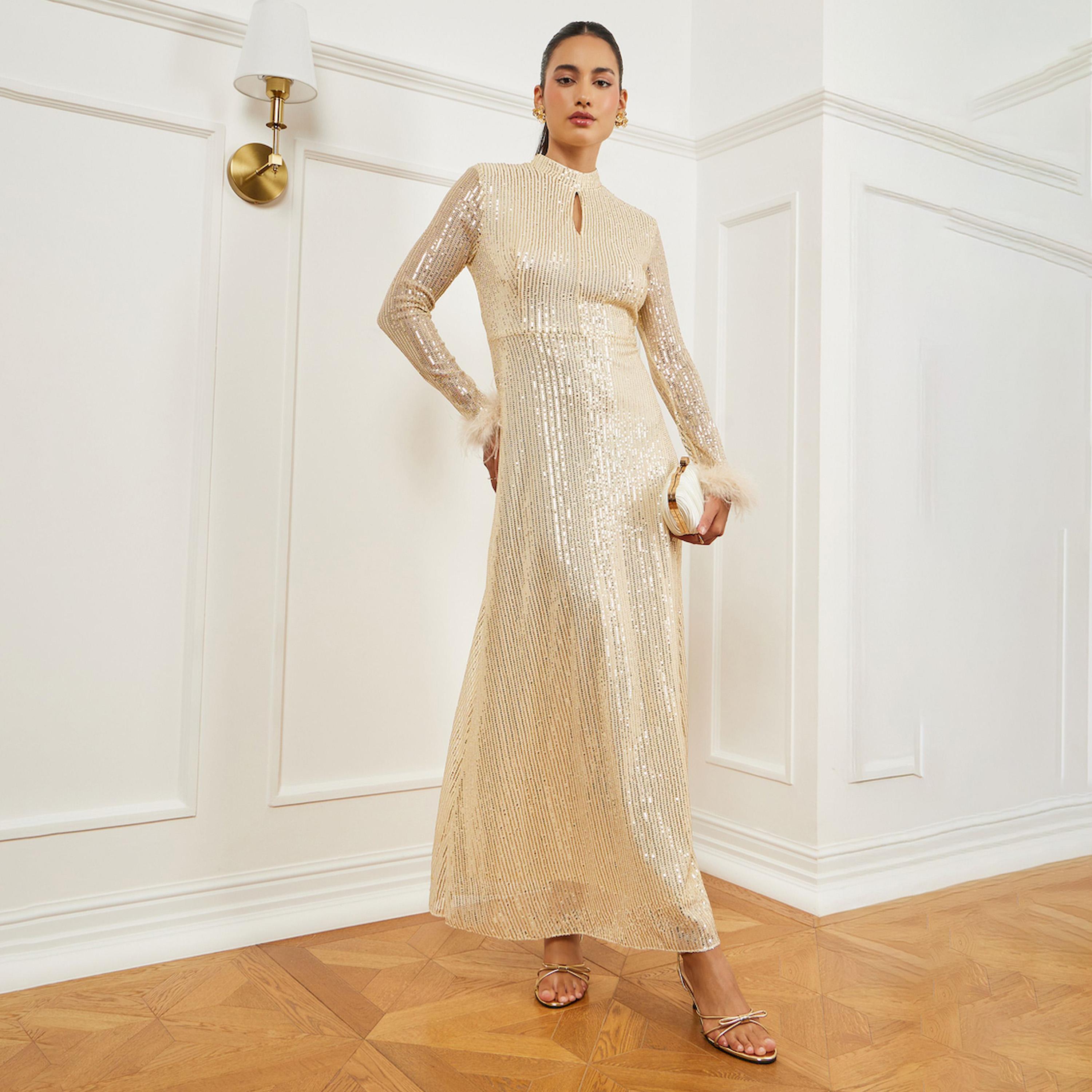 Styli Gold Sequin Embellished Feather Trim Maxi Dress-women-clothing-dresses-image-1