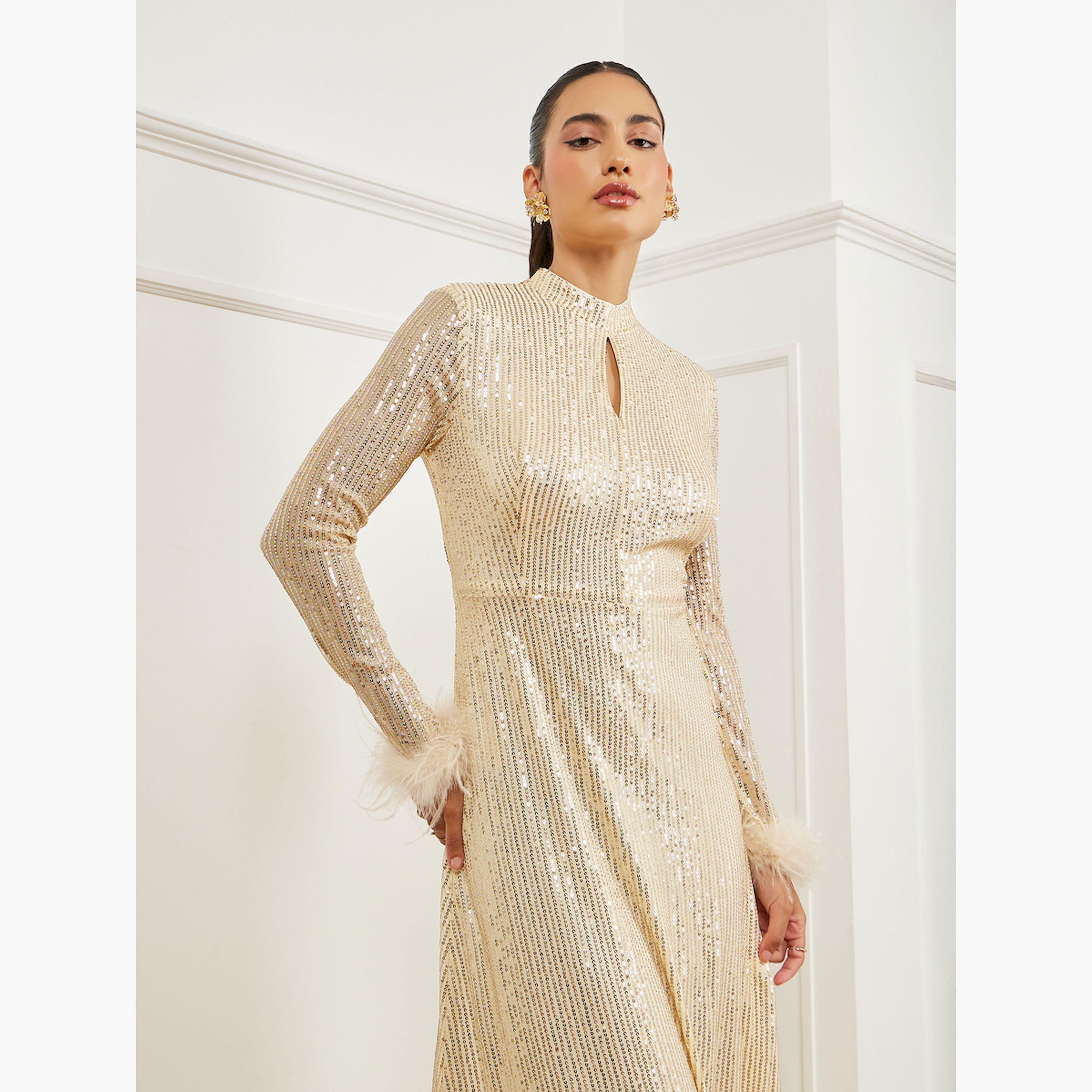 Styli Gold Sequin Embellished Feather Trim Maxi Dress-women-clothing-dresses-image-2