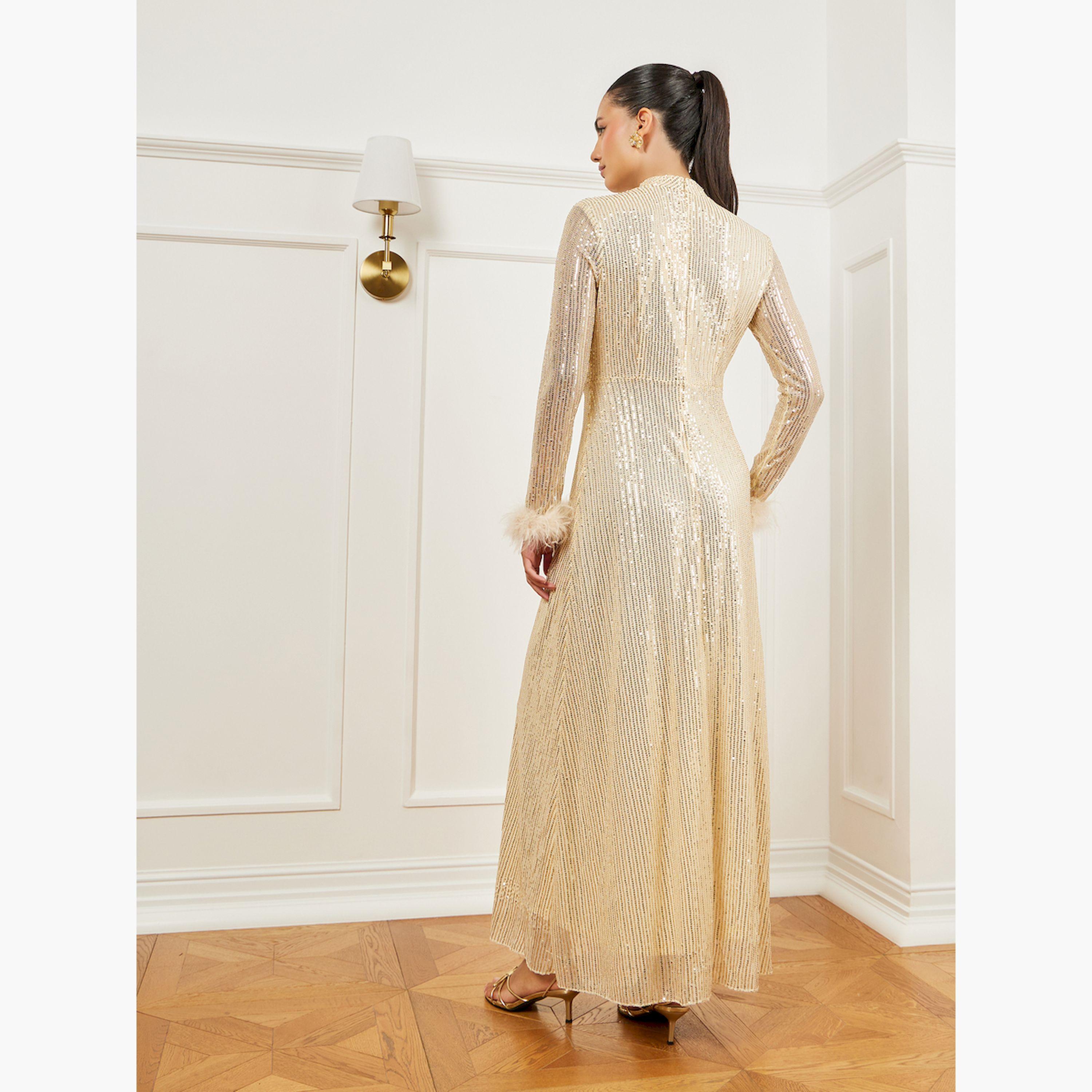 Styli Gold Sequin Embellished Feather Trim Maxi Dress-women-clothing-dresses-image-4