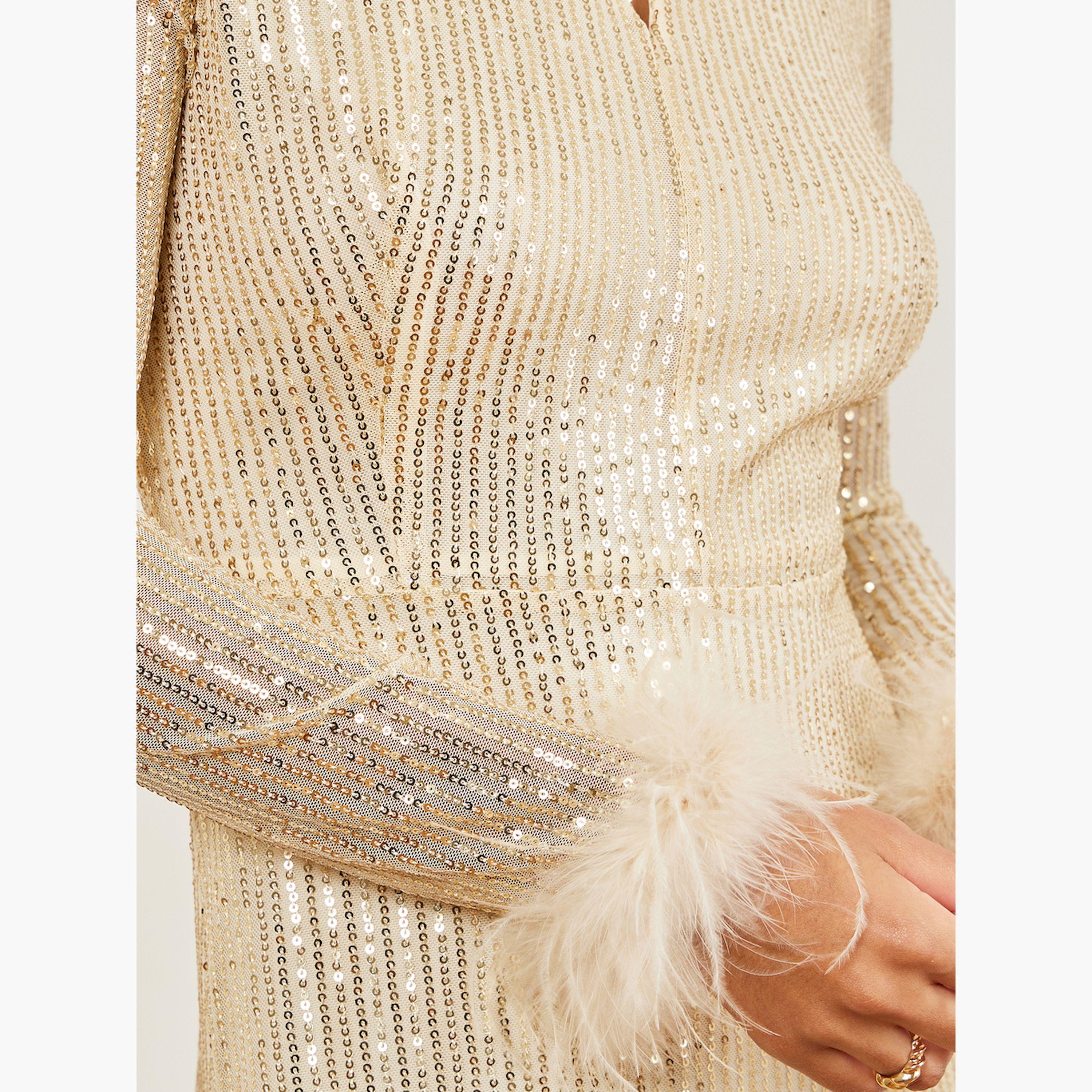 Styli Gold Sequin Embellished Feather Trim Maxi Dress-women-clothing-dresses-image-5