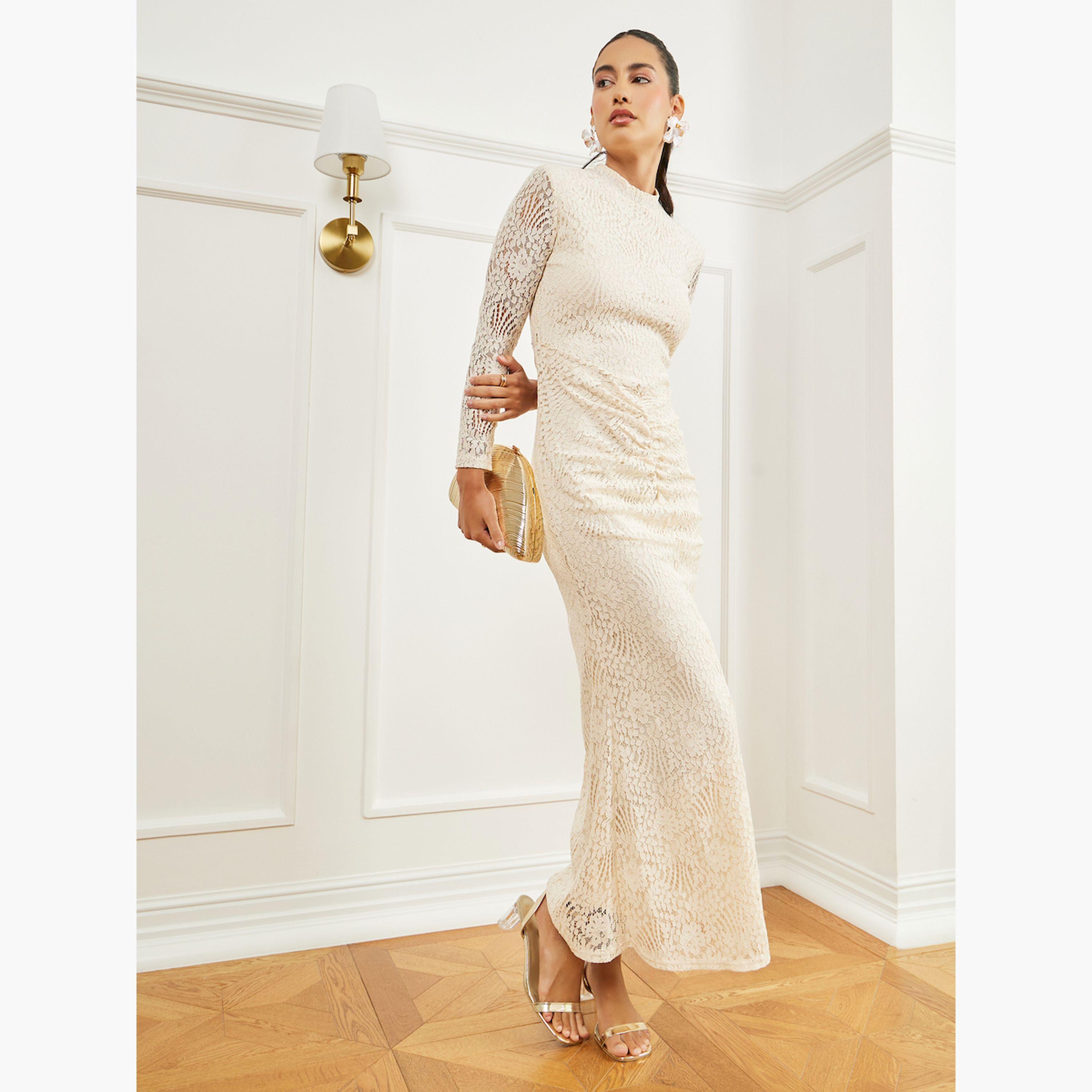 Styli Cream Lace Long Sleeve Ruched Maxi Dress-women-clothing-dresses-image-3