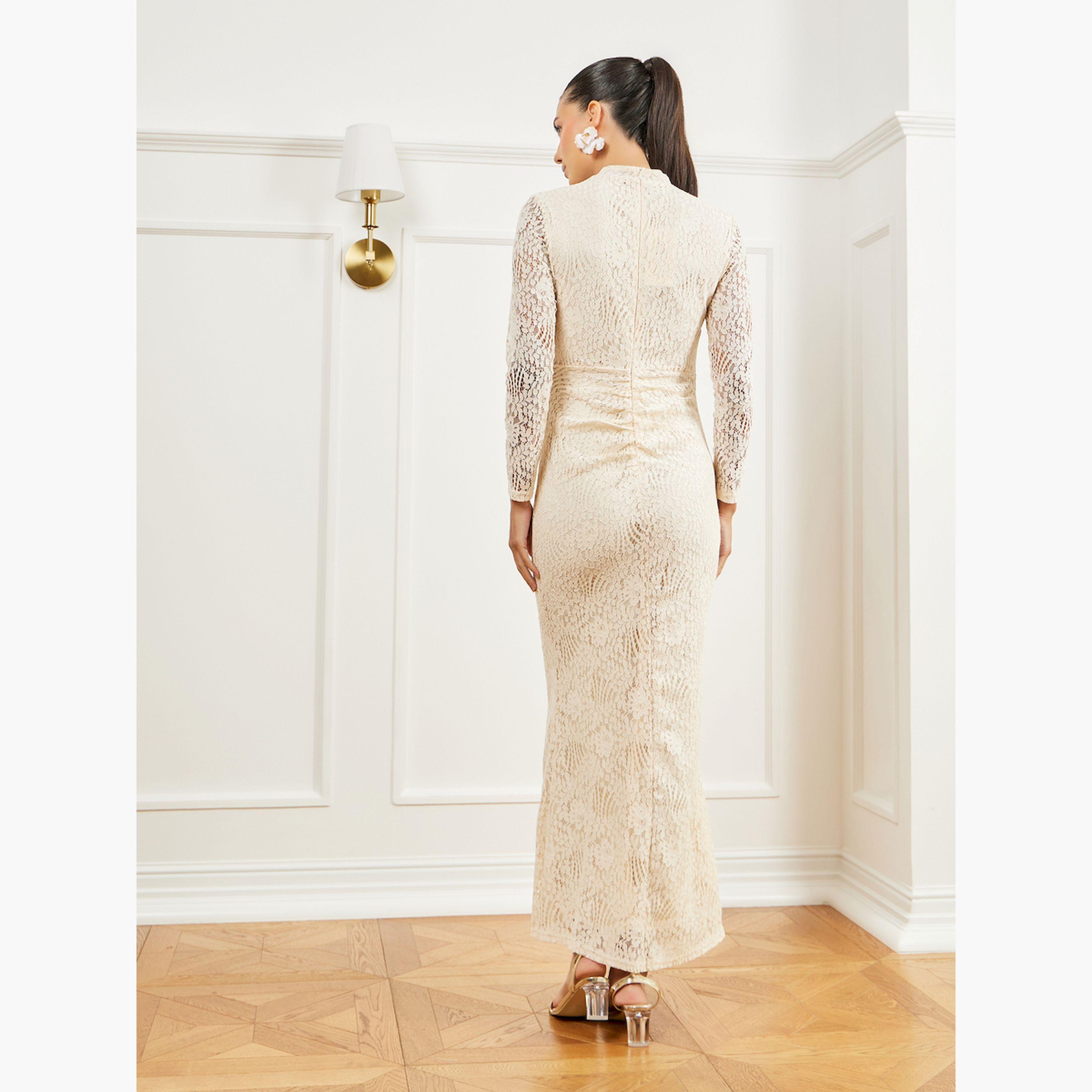 Styli Cream Lace Long Sleeve Ruched Maxi Dress-women-clothing-dresses-image-4