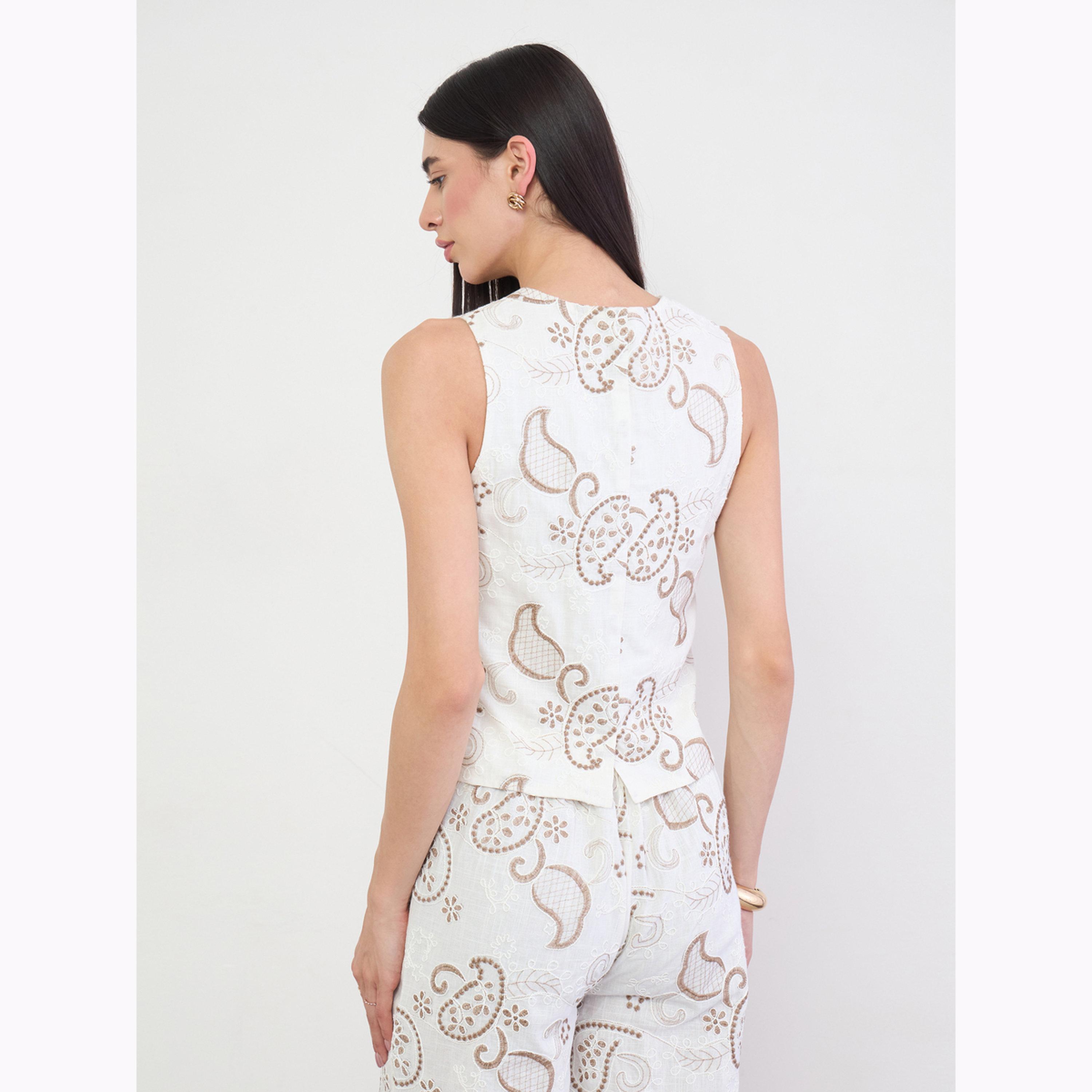 Styli Off White Embroidered Cotton Waistcoat-women-clothing-shirtsandblouses-blouses-image-3